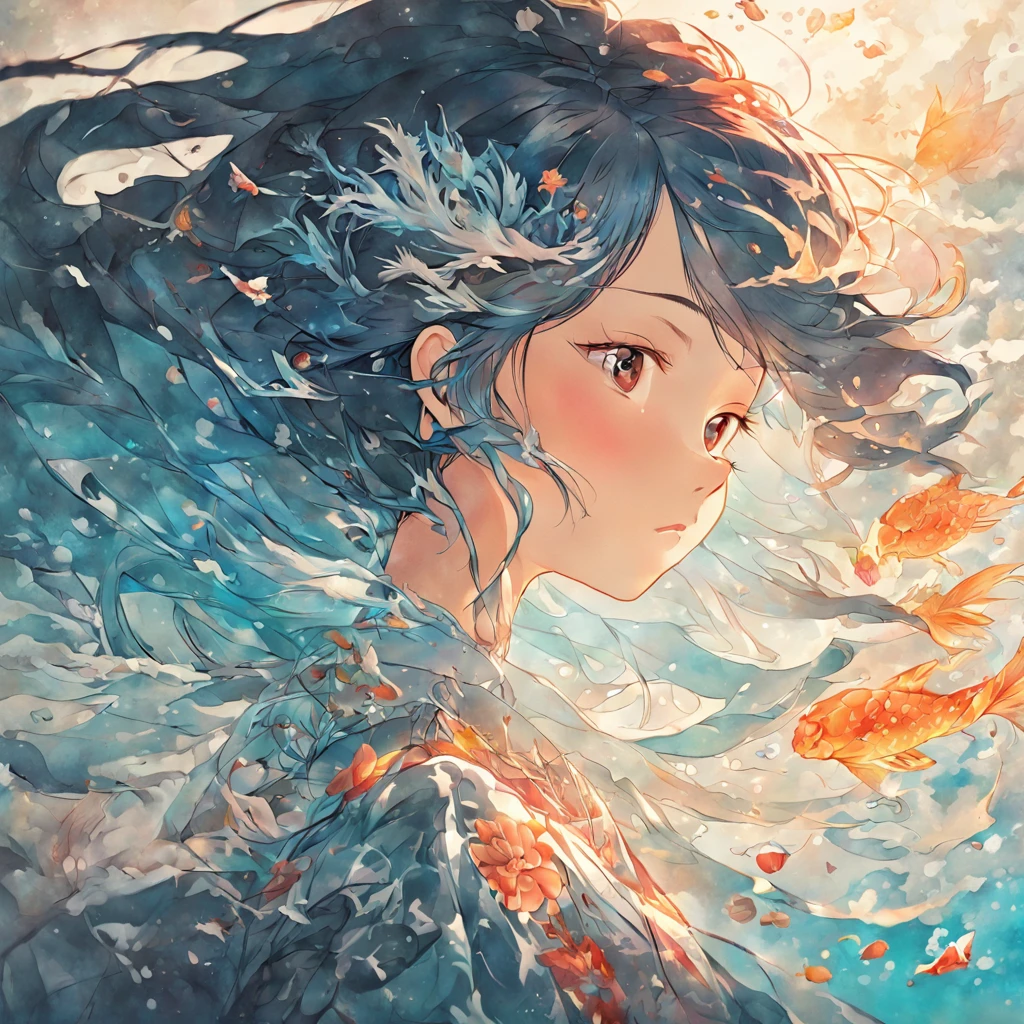 Underwater(White background:1.4),(Silhouette of a girl's head, Eyes closed, colorfull long hair, Oriental elements),(Chinese illustration:1.3,paper art:1.3, Quilted paper art:1.2),( reasonable design, Clear lines, High sharpness,Best quality, Very detailed, Masterpiece, movie light effect, 4K )
