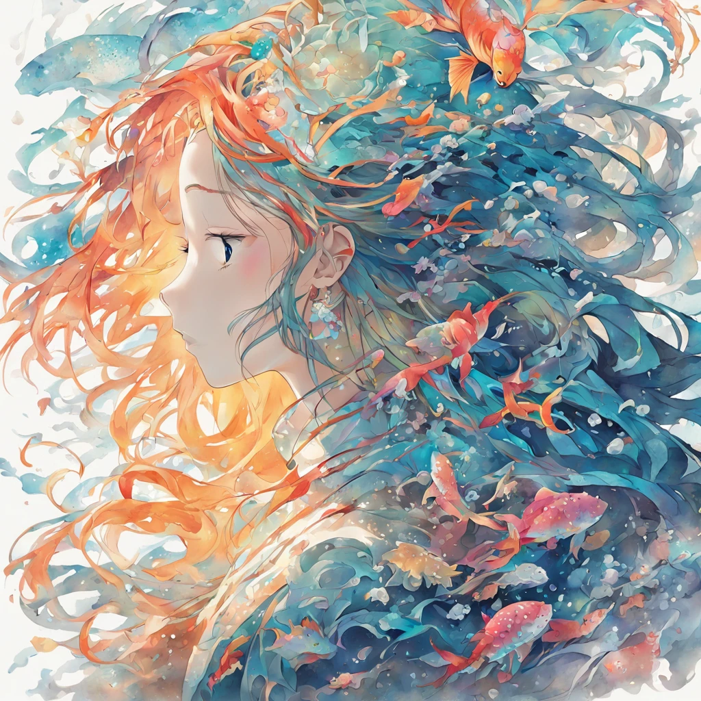 Underwater(White background:1.4),(Silhouette of a girl's head, Eyes closed, colorfull long hair, Oriental elements)，(Chinese illustration:1.3，paper art:1.3, Quilted paper art:1.2),( reasonable design, Clear lines, High sharpness,Best quality, Very detailed, Masterpiece, movie light effect, 4K )