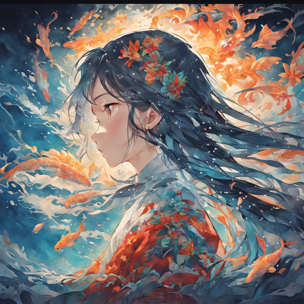 Underwater(White background:1.4),(Silhouette of a girl's head, Eyes closed, colorfull long hair, Oriental elements),(Chinese illustration:1.3,paper art:1.3, Quilted paper art:1.2),( reasonable design, Clear lines, High sharpness,Best quality, Very detailed, Masterpiece, movie light effect, 4K )