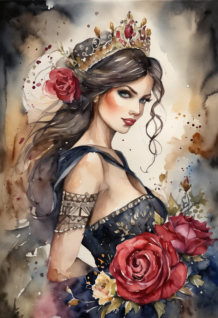 Dark Queen, in black suit dress, dark roses, Luxurious