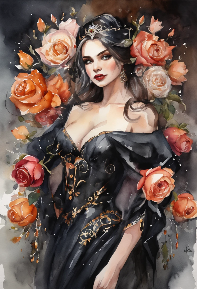 Dark Queen, in black suit dress, dark roses, Luxurious