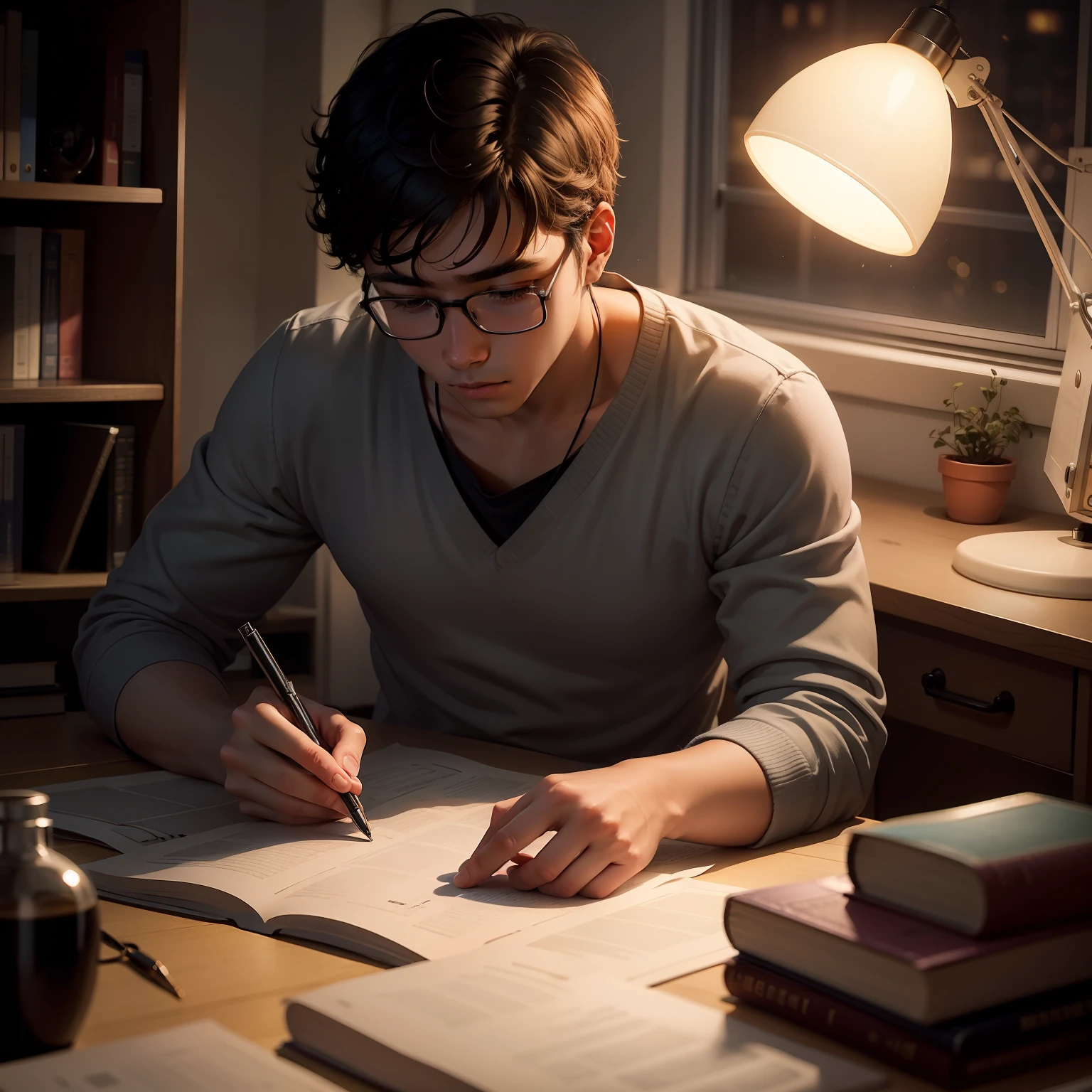 Student studying on his desk in low light with lamp at midnight
