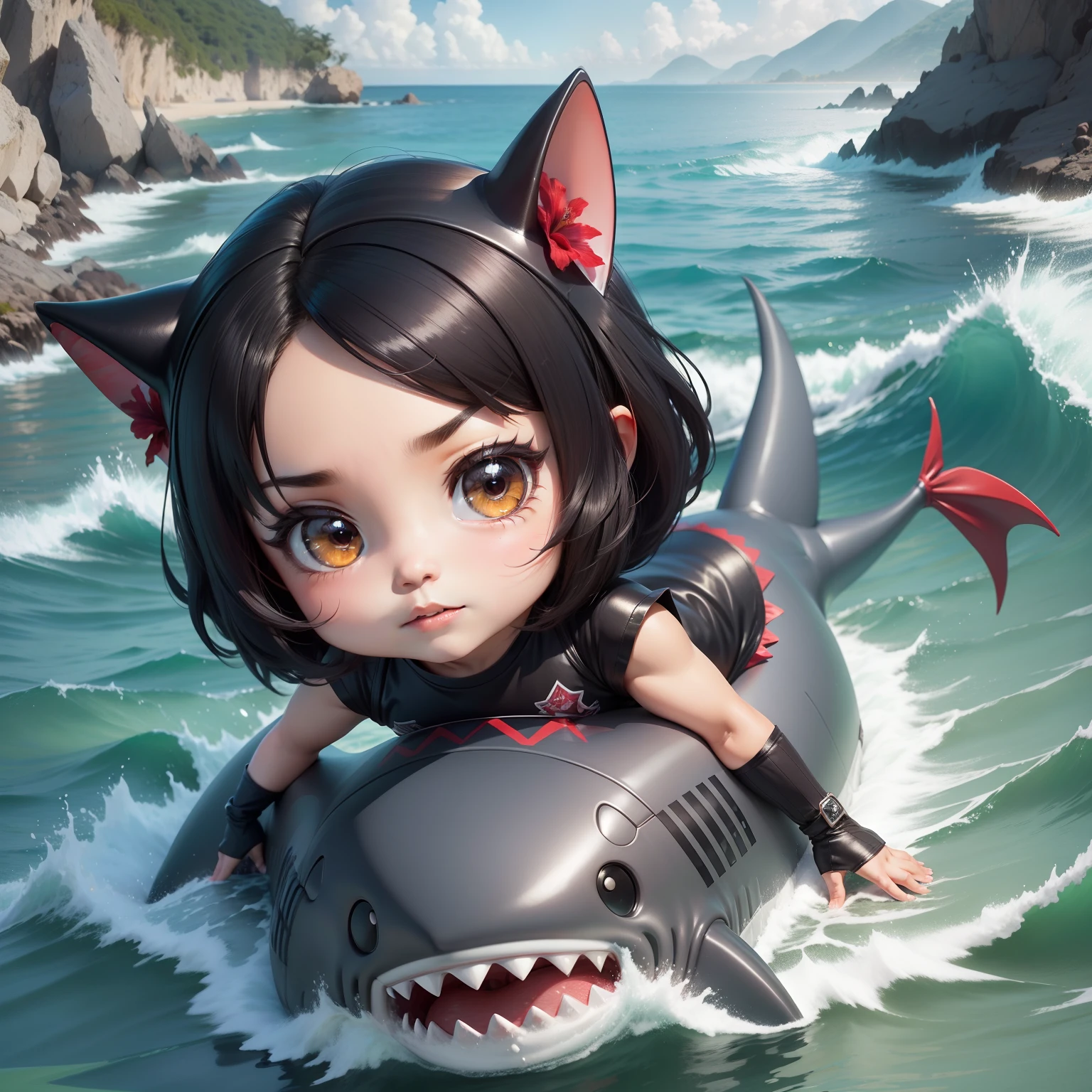 hightquality,Masterpiece, Chibi, nendoroid, Mega Mini, Shark hat, Shark tail, Shark costume, A dark-haired, Hairstyle Bob, Metal, Okinawan style, Riding a shark, hibiscus, full bodyesbian,