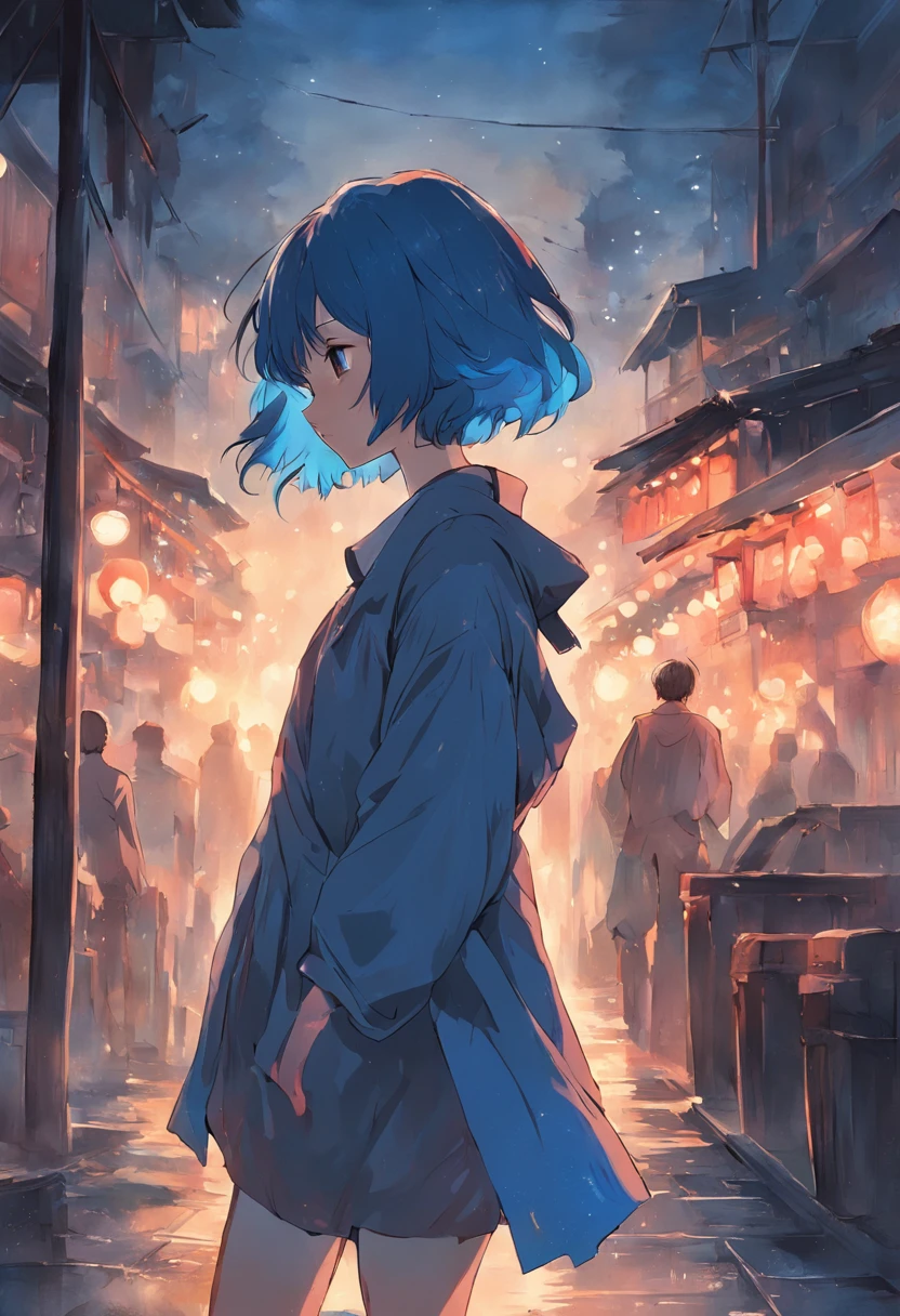 Draw blue short hair girl walking in the town at night time，Convey order and respect（Don't be beautiful）