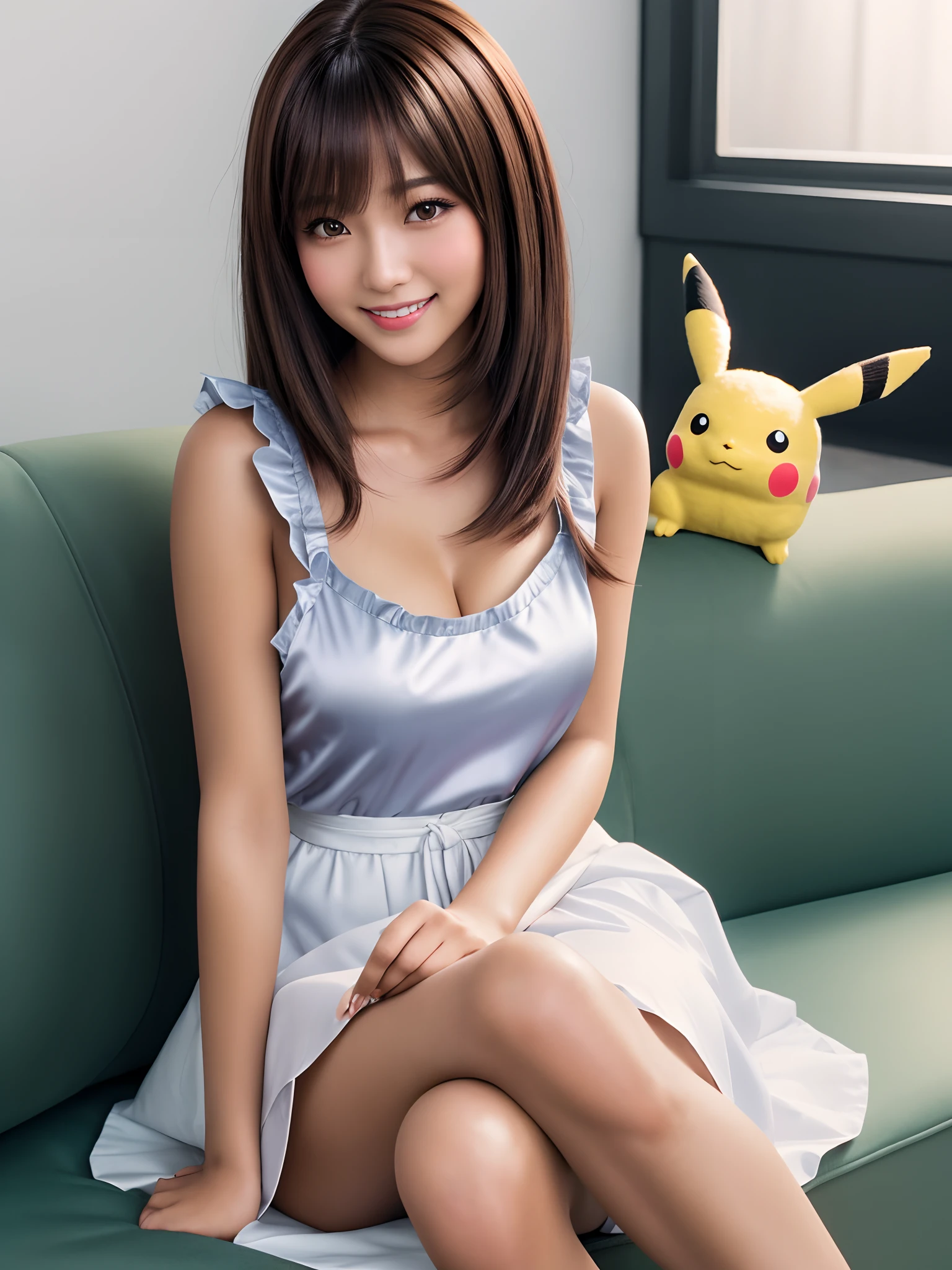 product quality, 1girl, cowboy shot, front view, a Japanese young pretty girl, bob hair, waiting a satin frilled apron over a tank top with a big smile, sitting on a sofa alone in a living room, holding a Pikachu doll on her knees, glamorous figure, busty, wearing a skirt, hyper cute face, glossy lips, double eyelids in both eyes, natural makeup, long eyelashes, shiny smooth light brown hair of bob hair, asymmetrical bangs, tanned skin, central image, high resolution, high detail, detailed hairstyle, detailed face, cinematic lighting, octane rendering, vibrant, hyper realistic, perfect limbs, perfect anatomy