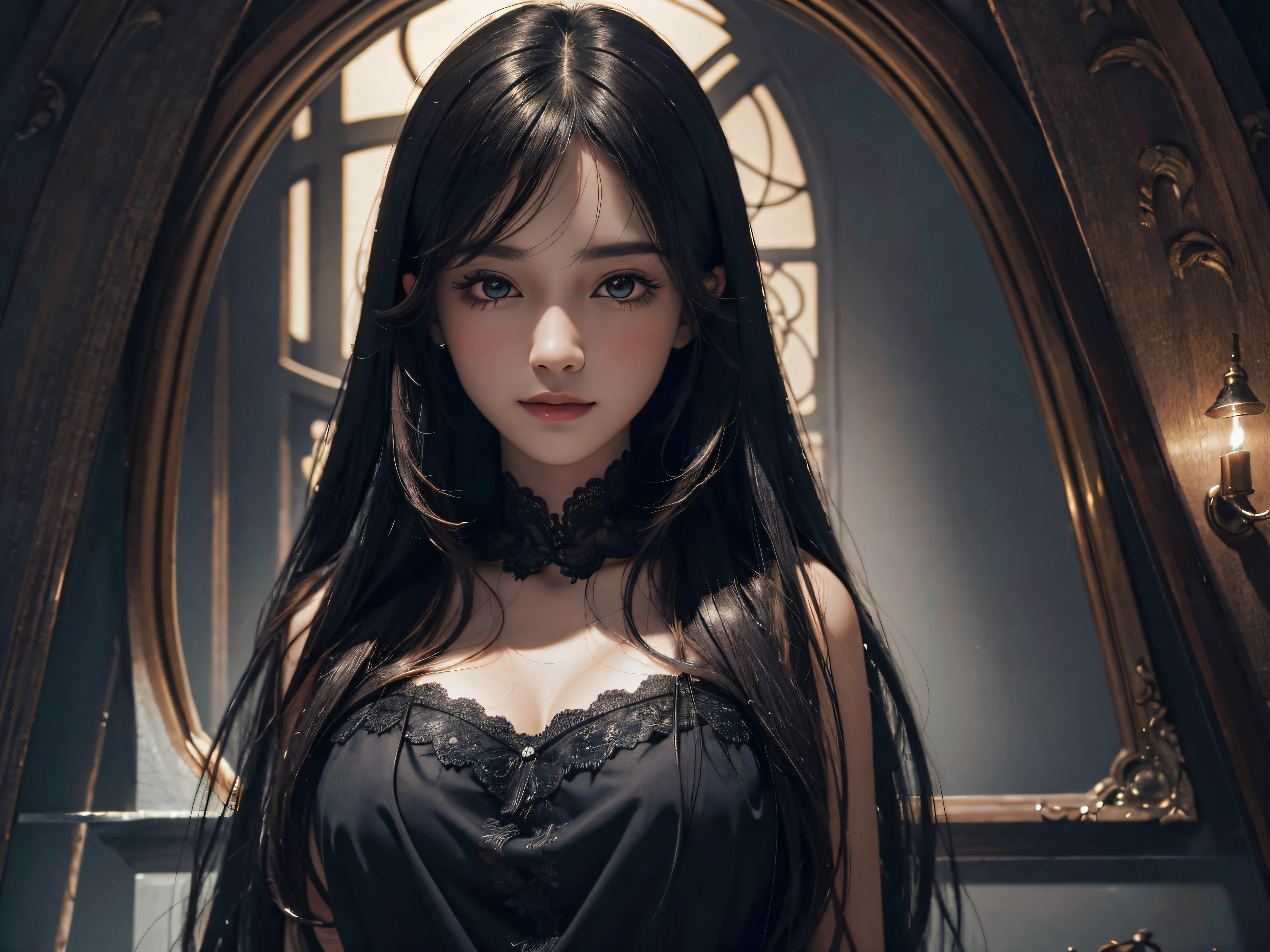 (Ultra Realistic), (Illustration), (Increased Resolution), (8K), (Extremely Detailed), (Best Illustration), (Beautiful and Detailed Eyes), (Best Quality), (Ultra Detailed), (Masterpiece ), ( wallpaper), (detailed face), solo, 1 girl, looking at viewer, fine details, detailed face, in the dark, deep shadows, low key, pureerosfaceace_v1, smiling, long hair, black shawl straight hair , 46 points oblique bangs