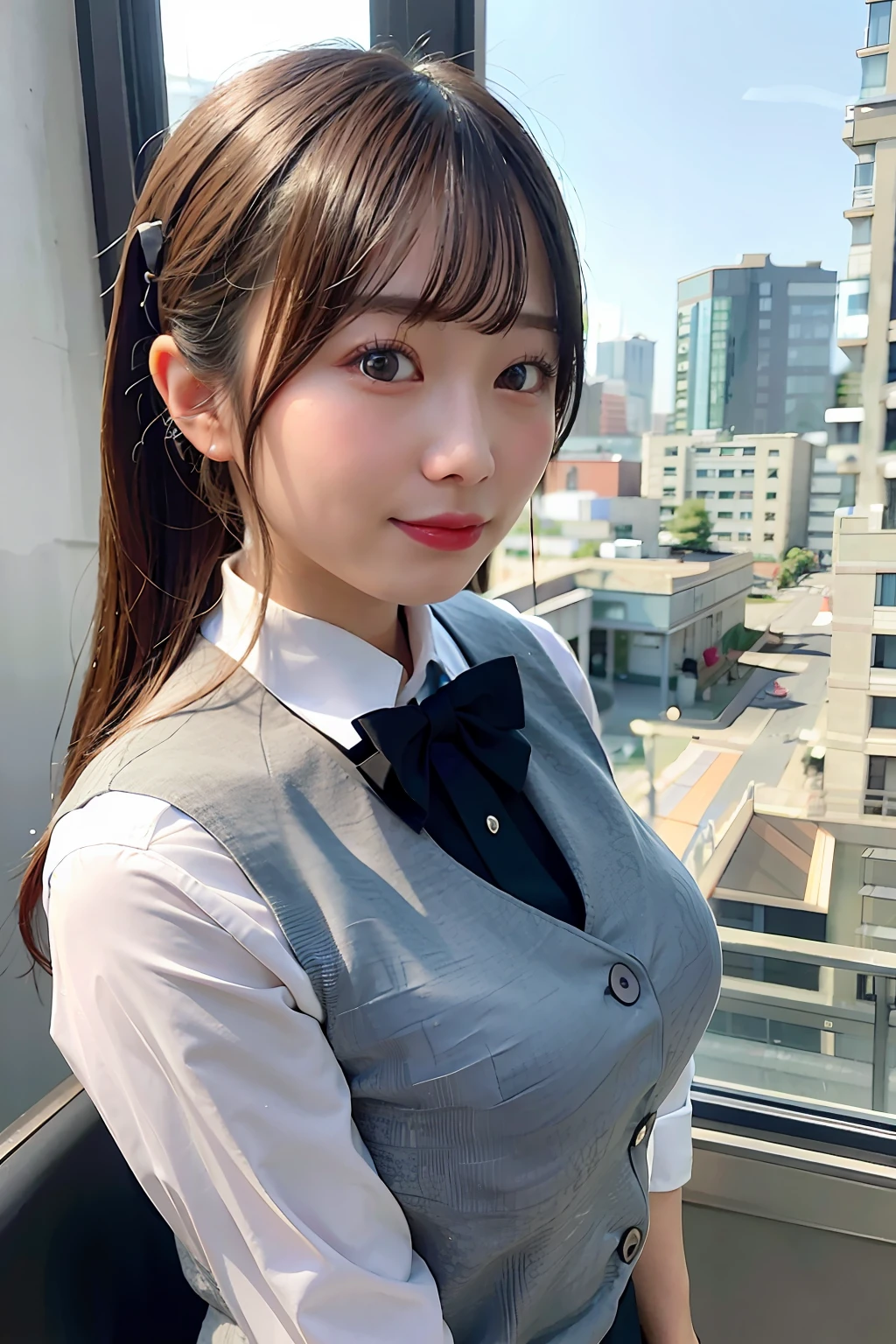 Alafed Asian woman in grey vest and bow tie poses for photo, sakimichan, Korean Girl, 奈良美智, sakimichan hdri, Gorgeous young Korean woman, chiho, japanese girl school uniform, a hyperrealistic schoolgirl, jaeyeon nam, beautiful Korean women, Cute Schoolgirl
