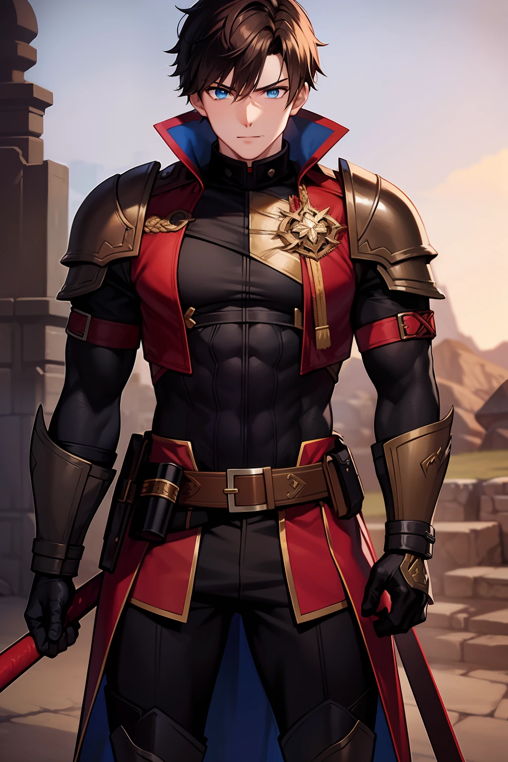 Adventurer Fighting uniform, black and red clothing color, young man, 20 years, light brown hair, short hair, green blue eyes, muscular, tall, 6.3 foot tall, confident pose, training fields background