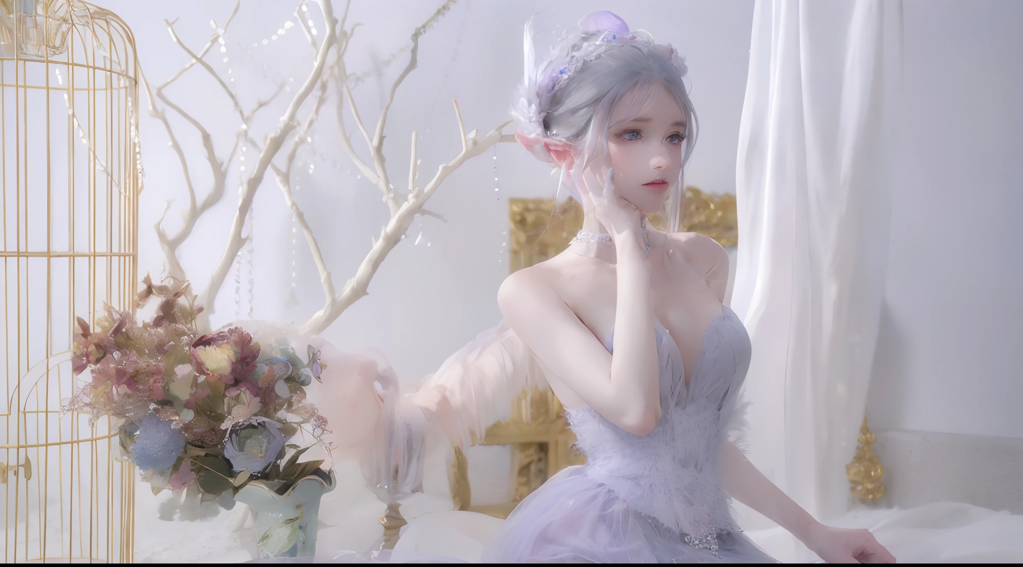 (tmasterpiece,top Quority,best qualtiy,offcial art,Beauty and aesthetics:1.2),(1girll:1.3),Extremely detailed,plethora of colors,Most detailed((ultra - detailed)),(highly detailed CGillustration),((Very fine and beautiful),(From the side Side),cinematic lighitnglamplight,Plump and tall,Exposed breasts,