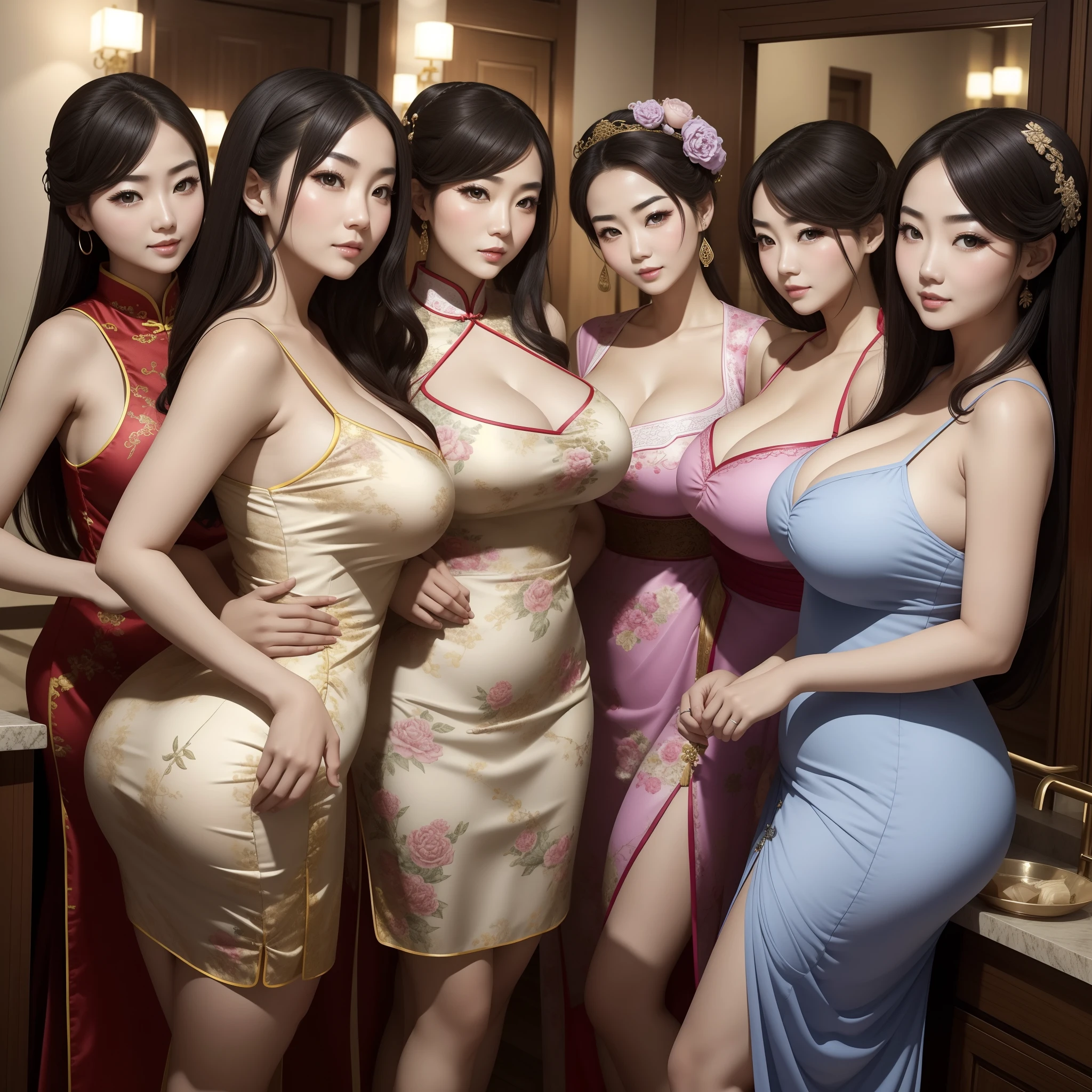 China，Three concubines，Everyone poses randomly，Everyone's eyes are different，Everyone's eyebrows are different，Everyone is not the same height，Everyone's hips are different sizes，quaint，In the bath，Antique dress，obsessed，A person is tall and has big breasts and huge buttocks，big breasts slightly fat，There are curvy women with beauty，is very beautiful，Mature face，Mature charm,徐娘半老，Sexy nightdress