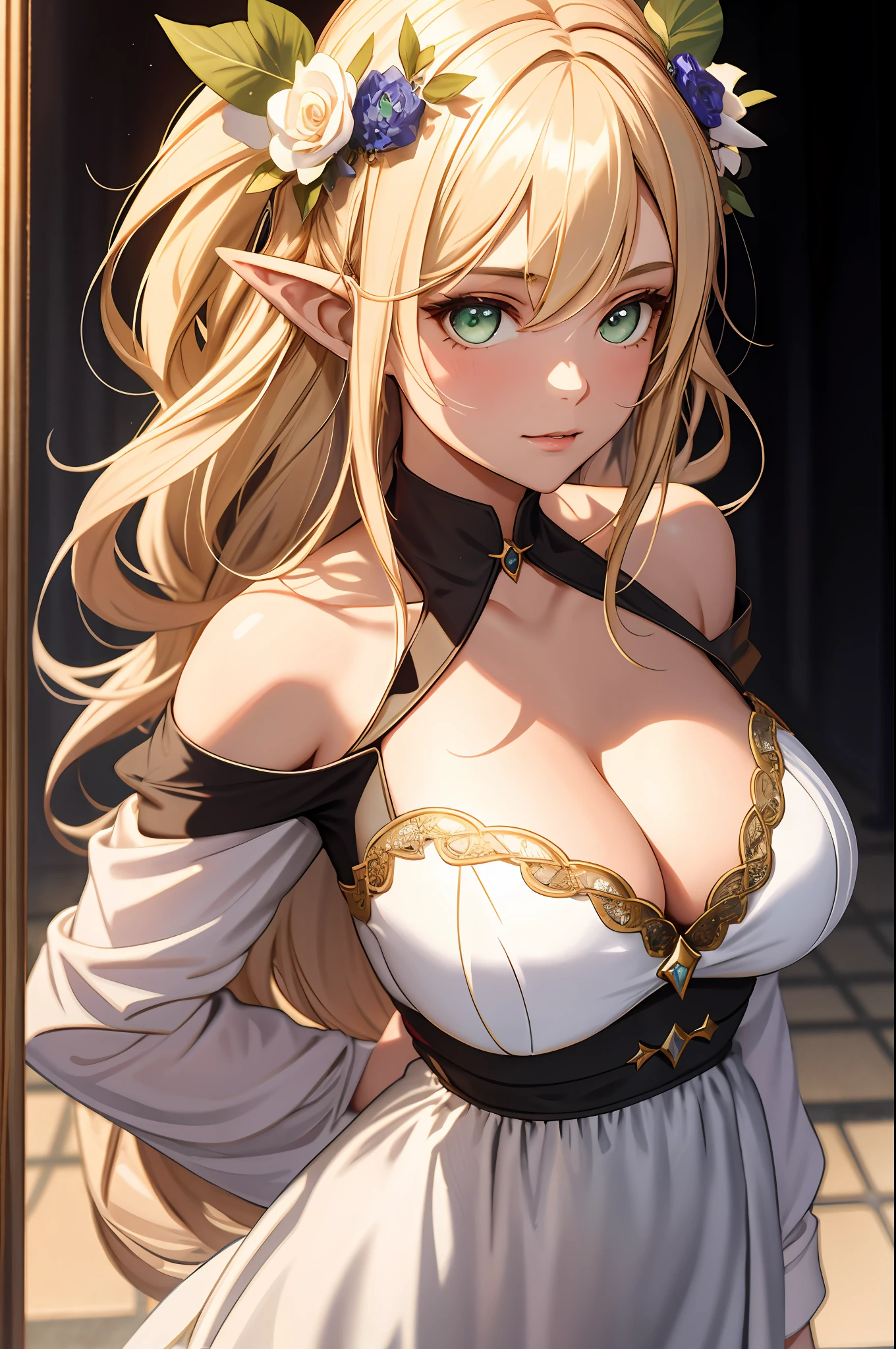 1girll, Bare shoulders, Blonde hair, Blush, Breasts, circle of the crone, cleavage, Closed mouth, dress, elf, Green eyes, head wreath, Huge breasts, laurel crown, Long hair, view the viewer, O-ring, O-ring top, Pointy ears, Simple background, Solo, Upper body, White background, White dress,celestine lucullus,Realistis,(Shiny skin),(Masterpiece:1.4),(Best quality:1.4)