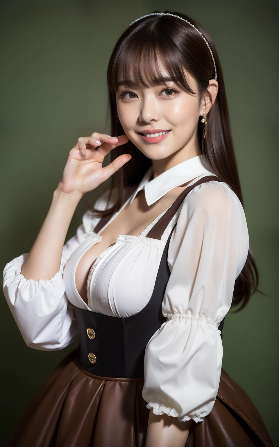 (Best quality, 8K, 32K, Masterpiece, hyper HD: 1.2),(Portrait from head to knee:1.5)，Beautiful photos of Japanese women, 1 girl, (Dark brown hair), Double eyelids, (Big: 1.2), Sexy, (Lolita costume)), (deep slit: 1.2), (side boobs), (Smile: 1.1), Dynamic posture，