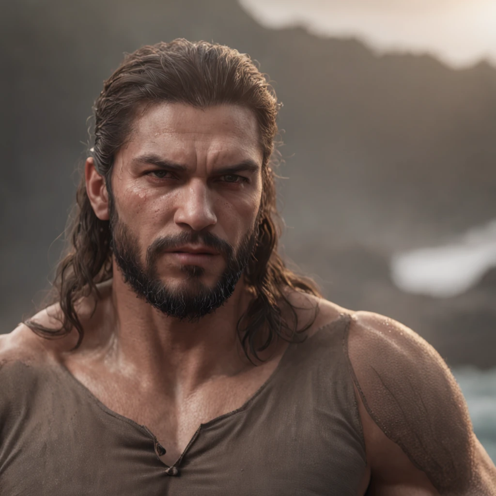 (Professional 3D rendering:1.3) de (Realistic:1.3) Foto de arte mais bonita do mundo,Features soft, bright male heroes, ((Epic hero fantasy rough muscular man wet hero angry look long hair short beard and fierce expression in dynamic pose, fantastic location, majestoso ambiente desordenado)), corpo inteiro 8k unidade render, action shot, poros da pele, very dark lighting, sombreamento pesado, circunstanciado, Rosto detalhado, (vibrante, fotogrdeia realista, Realistic, Dramatic, Escuro, foco nítido, 8k), (Old leather clothes damaged by bad weather:1.4), ((((Use peles)))), (intrincado:1.4), decadente, (altamente detalhado:1.4), pintura digital, rendering by octane, art stations, Conceito-Arte, liso, foco nítido, illustration, germe da arte, (Loish:0.23), Wlop Ilya Kuvshinov, e Greg Rutkowski e Alphonse Mucha Gracias, (global ilumination, studiolight, Light Volumetric), chuva forte, floating particles, patife, fantasia, Onze, corpo inteiroesbian, ((Fundo escuro e antigo da cidade:1.3)),CGSesociedade,art stations