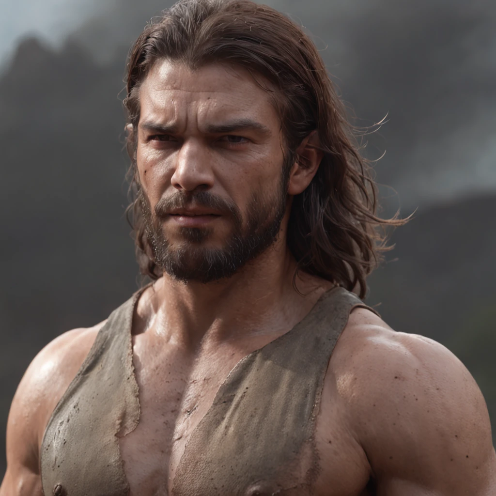 (Professional 3D rendering:1.3) de (Realistic:1.3) Foto de arte mais bonita do mundo,Features soft, bright male heroes, ((Epic hero fantasy rough muscular man wet hero angry look long hair short beard and fierce expression in dynamic pose, fantastic location, majestoso ambiente desordenado)), corpo inteiro 8k unidade render, action shot, poros da pele, very dark lighting, sombreamento pesado, circunstanciado, Rosto detalhado, (vibrante, fotogrdeia realista, Realistic, Dramatic, Escuro, foco nítido, 8k), (Old leather clothes damaged by bad weather:1.4), ((((Use peles)))), (intrincado:1.4), decadente, (altamente detalhado:1.4), pintura digital, rendering by octane, art stations, Conceito-Arte, liso, foco nítido, illustration, germe da arte, (Loish:0.23), Wlop Ilya Kuvshinov, e Greg Rutkowski e Alphonse Mucha Gracias, (global ilumination, studiolight, Light Volumetric), chuva forte, floating particles, patife, fantasia, Onze, corpo inteiroesbian, ((Fundo escuro e antigo da cidade:1.3)),CGSesociedade,art stations