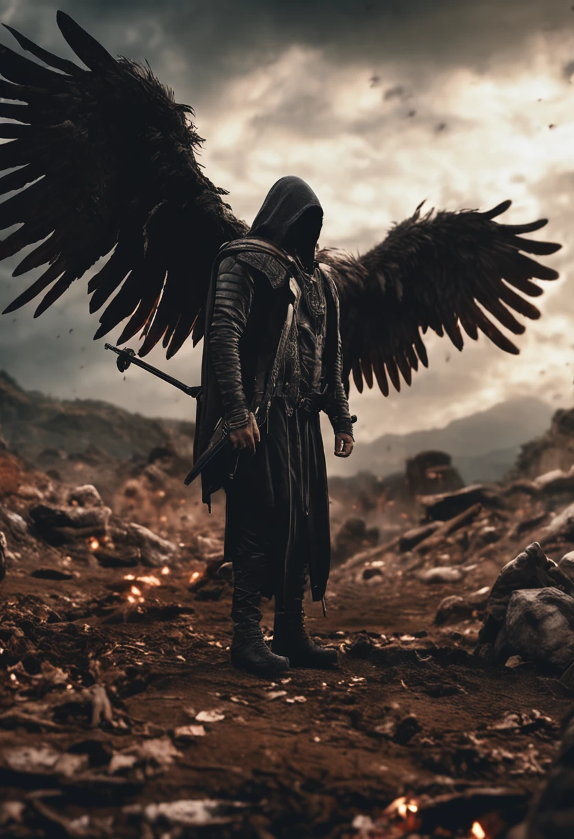 realistic, 4k, cinematic, an angel with big wings on his back, black clothes, a sword, a hood on his head in the background image of war (chaos), masterpiece