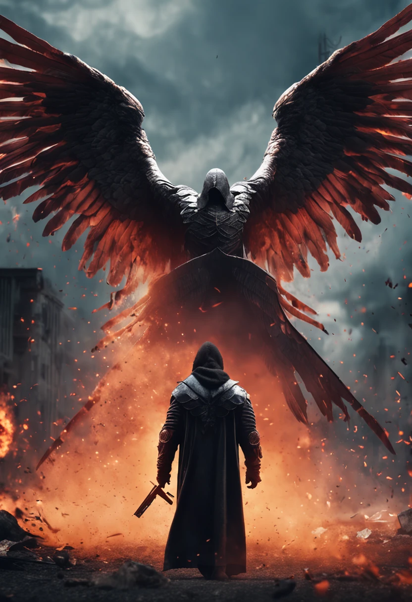 realistic, 4k, cinematic, an angel with big wings on his back, black clothes, a sword, a hood on his head in the background image of war (chaos), masterpiece