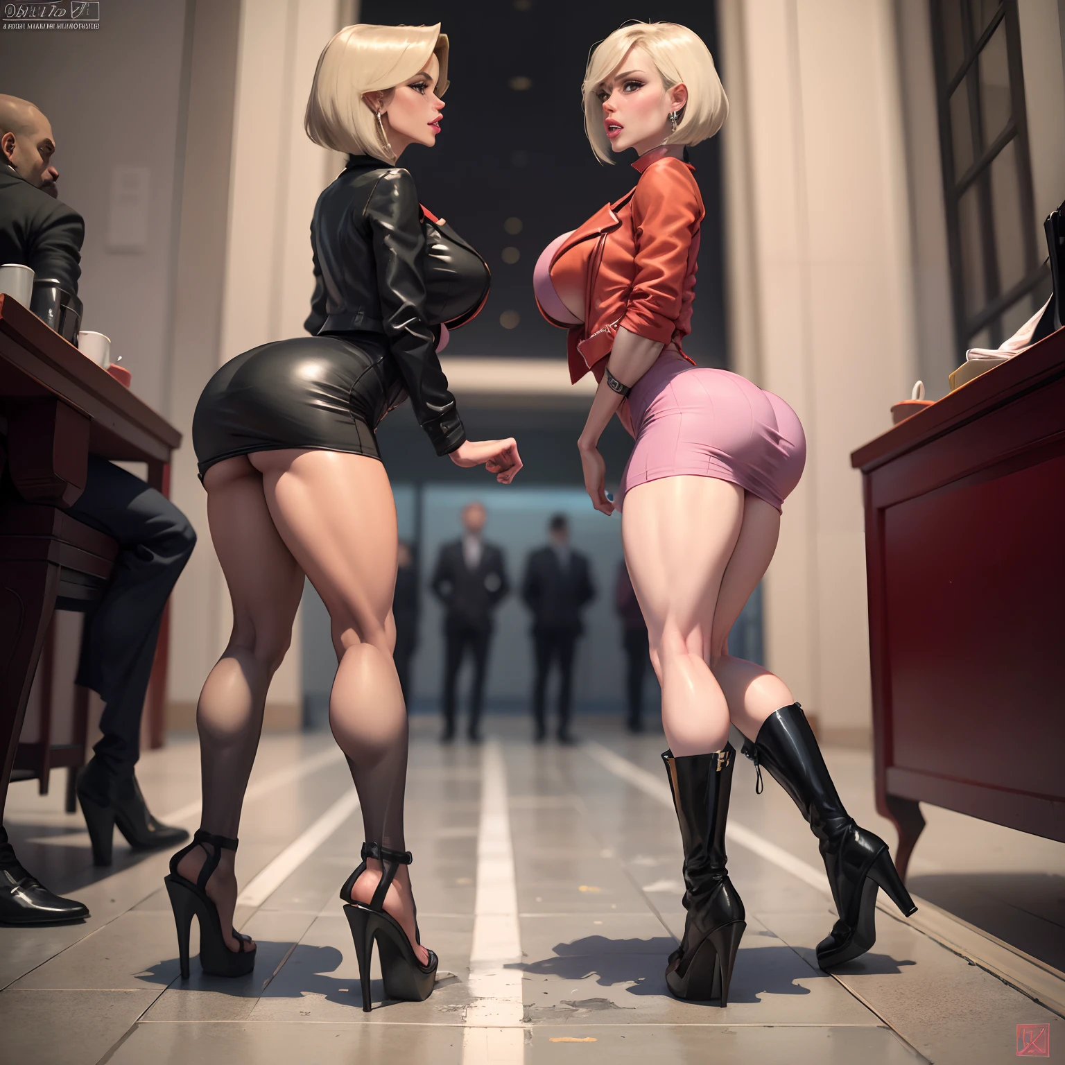 Brazilian, Bob haircut, sexy secretary, Two girls, muscular legs, muscular calves, Strong legs, muscular hips, wide thighs, Curvy hips, A full body shot, high-heeled sandals, tights in a net, Stiletto heels,short jumper dress, leather jacket, mid-thigh boots with high heels, large ring earrings, He really wants to pee, On a crowded street, Talking on the phone, wants to pee, desperately wants to pee, wants to urinate, An expression of shame on his face, confusion, Desperation on the face, crying, pinches the crotch with his hand, crumples the hem of the skirt with his hands, Knees clenched together, Tense posture, bites his lower lip, full bladder, terribly wants to go to the toilet, anatomically correct, Realistic, side-view