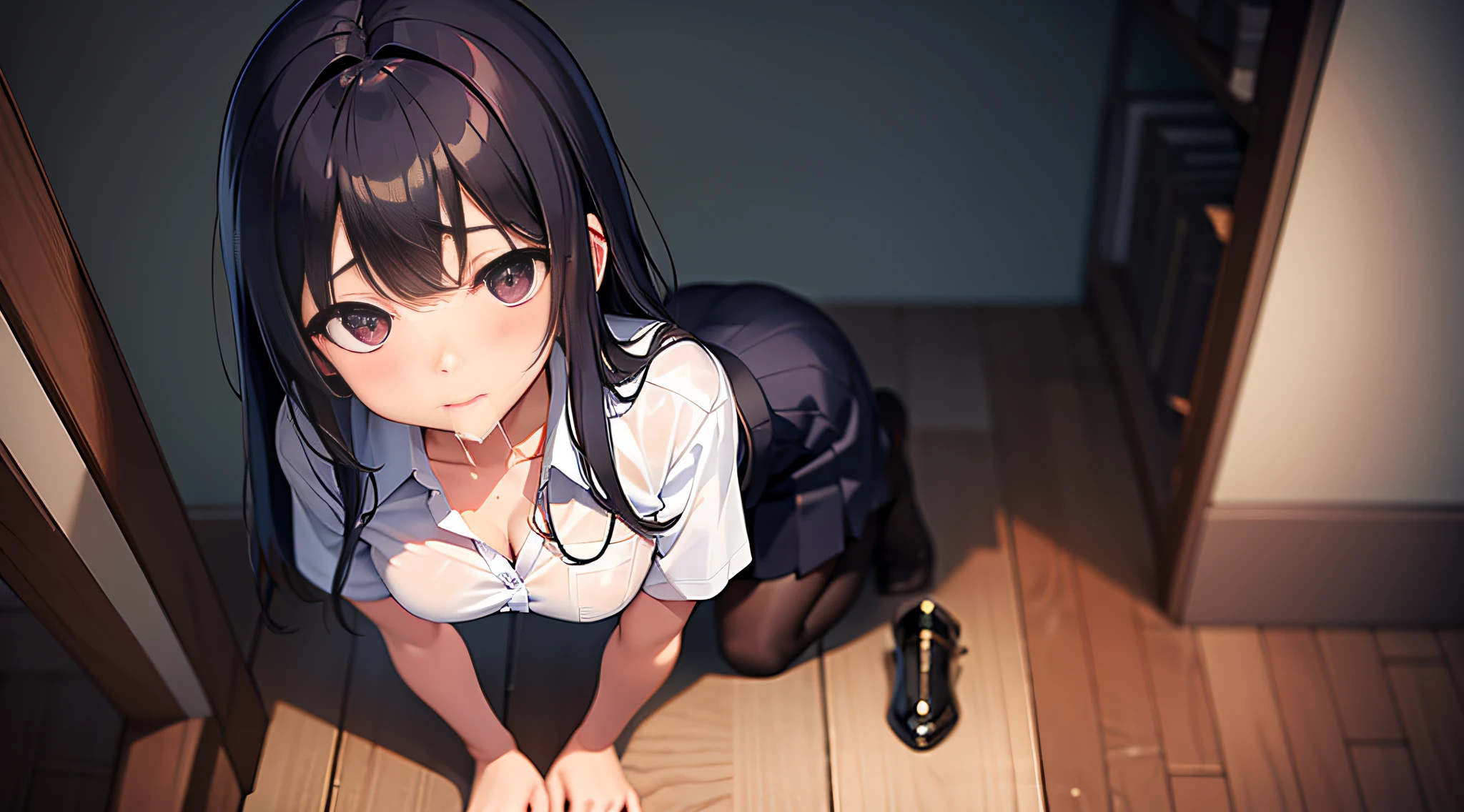 top-quality、Photorealsitic、8K picture quality、hight resolution、女の子 1 人、sixteen years old、Random Hair Styles、hi-school girl、Half-taken uniform、Unbuttoned exposed breasts、Kneeling in front of a man's waist、Sucking the tip of the penis、blow job、Hold the penis with both hands、Staring with upturned eyes、Blushing、shot from top、Bukkake、