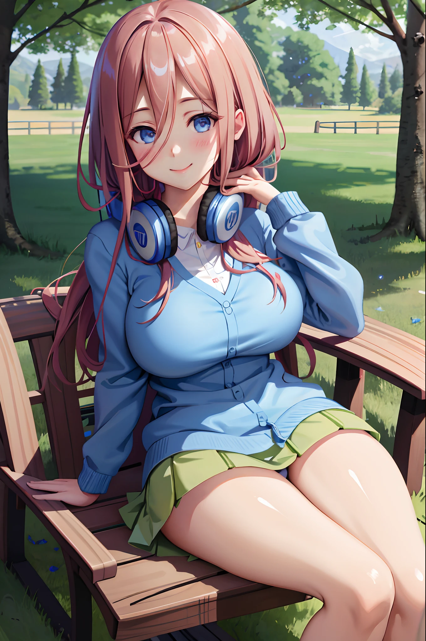 best quality, masterpiece, nice hands, perfect hands,  Miku, smile,big  breasts, Blue Cardigan, sitting under a tree, reading a book, detailed skin texture, (blush:0.5), (goosebumps:0.5), subsurface scattering,cross leg,big thighs ,black tights,blue micro bikini