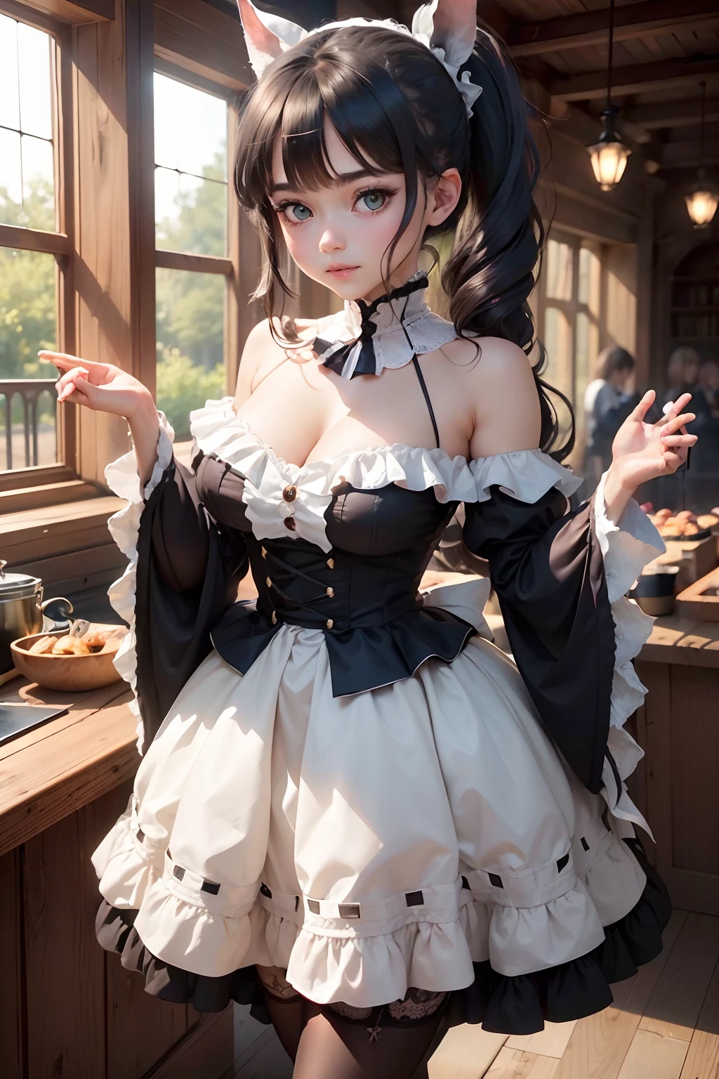 Raw photography, top-quality, masterpiece, extremely delicate and beautiful, ighly detailed, nffsw, Unity, 8K Picture Wallpaper, amazingly detail, detaile, masterpiece, top-quality, Official art, Highly detailed ticker Unity 8k wallpaper, ultra-detailliert, hight resolution, ighly detailed, Clair, Focus, (top-quality), (realisitic, Photorealsitic:1.5), 8K, Soft lighting, hightquality, lighting like a movie, 1girl in, Ines Fengsin(Uma Musume)、very pointed horse ears、Hair color is black、Hair color is black、Hairstyle is ponytail on the left、The ponytail is short、The length of hair to the shoulders、shoulder length hair、Ponytail to the left、Big white headband、eyes large,Light green eyes、Green eyes、Green eyeballs、Symmetrical eyes、Solid stuff、Saint a girl、Innocent、The most beautiful girl in the world、Eternal Girl、 Fluffy smile、full body Esbian,, (perspiring:1), Perfect fingers、Brown Gothic ta Fashion、Brown goth lolierate breast、M-shaped legs、full of sweat、perspiring、tea shop、poseing、natta