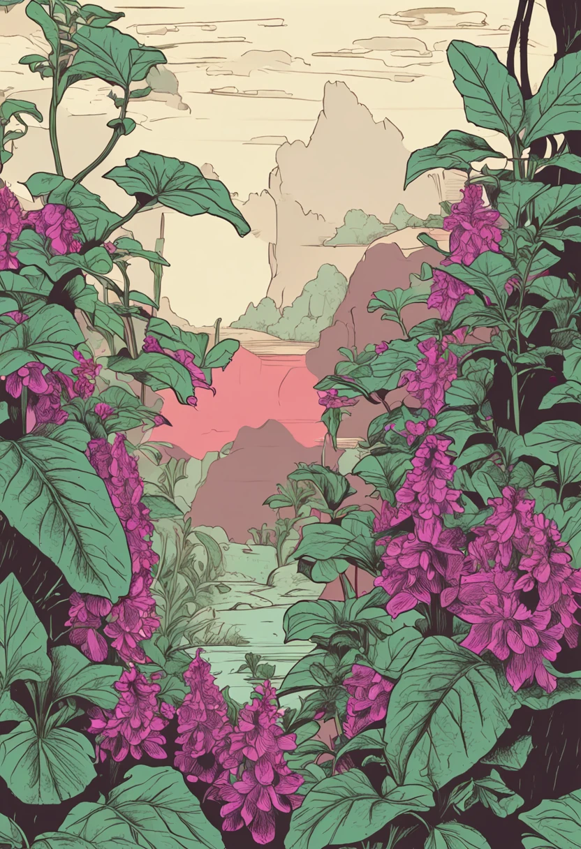 Patchouli plant, Chiaroscuro, projected inset, Ni Chuanjing illustration style