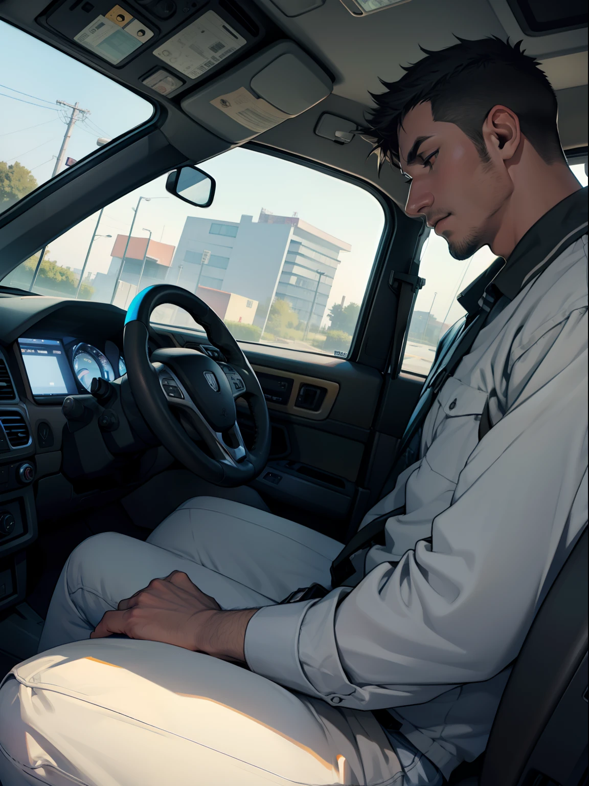 Big truck male driver sleeps on the steering wheel