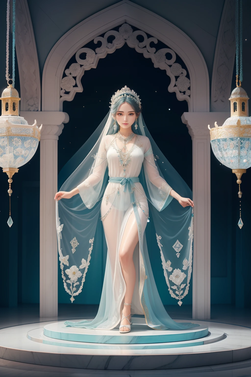(HD: 1.2), (Best Quality: 1.2), (8K: 1.2), (Underground scattering: 1.1), beautiful face, beautiful eyes, Goddess of Healing, long silver hair, silk robe in pale blue and deep green tones, robe adorned with delicate flower and leaf embroidery, transparent crystal pendant, bracelet with small gemstones, glass shoes, White marble and light blue decorations of the Healing Temple, gentle light, transparent crystal carvings