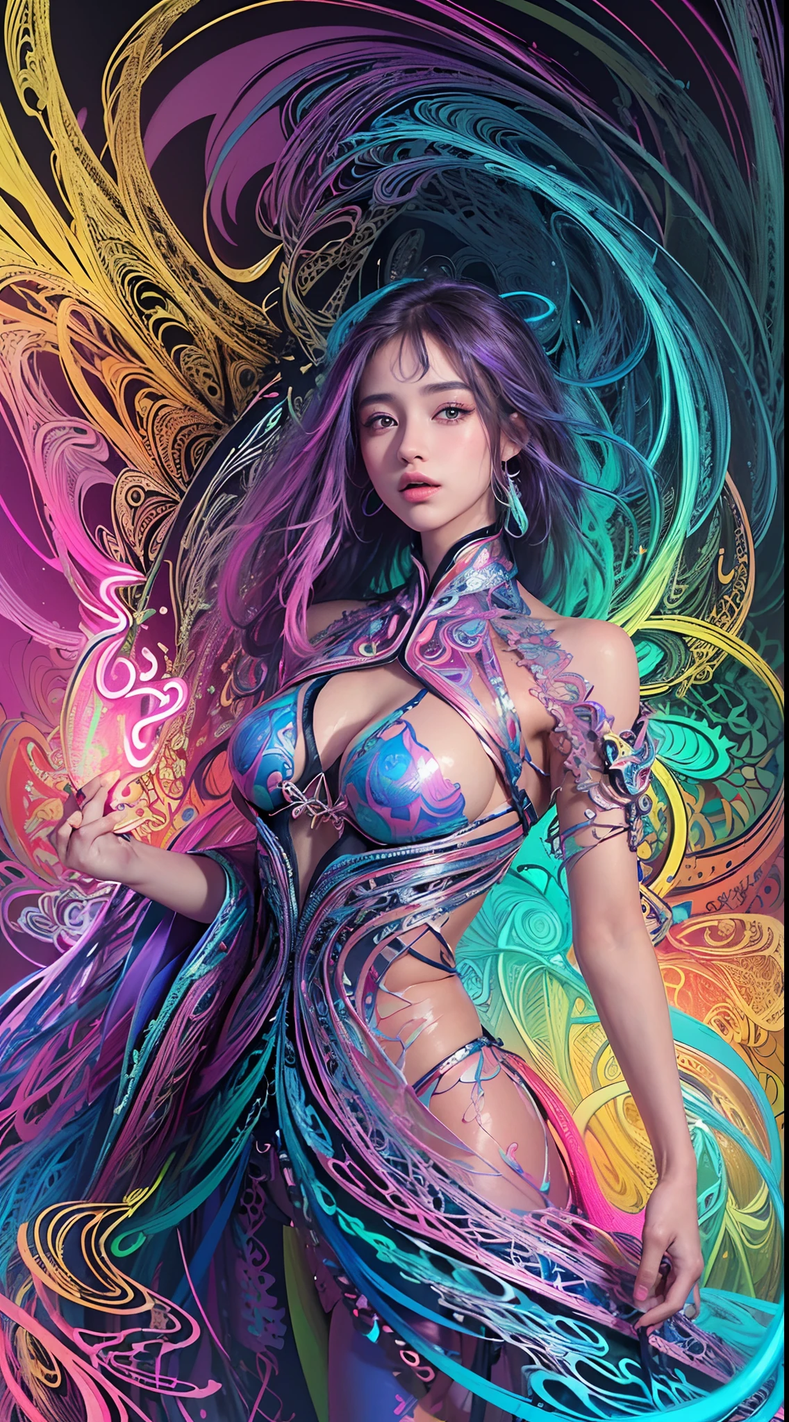 (masterpiece, top quality, best quality, official art, beautiful and aesthetic:1.2), (1girl:1.3), extremely detailed,(fractal art:1.2),colorful,highest detailed,( zentangle neon:1.2), (dynamic pose), (abstract background neon:1.5), (treditional dress:1.2), (shiny skin), (many colors:1.4), upper body ,Neon,16K,Full HD