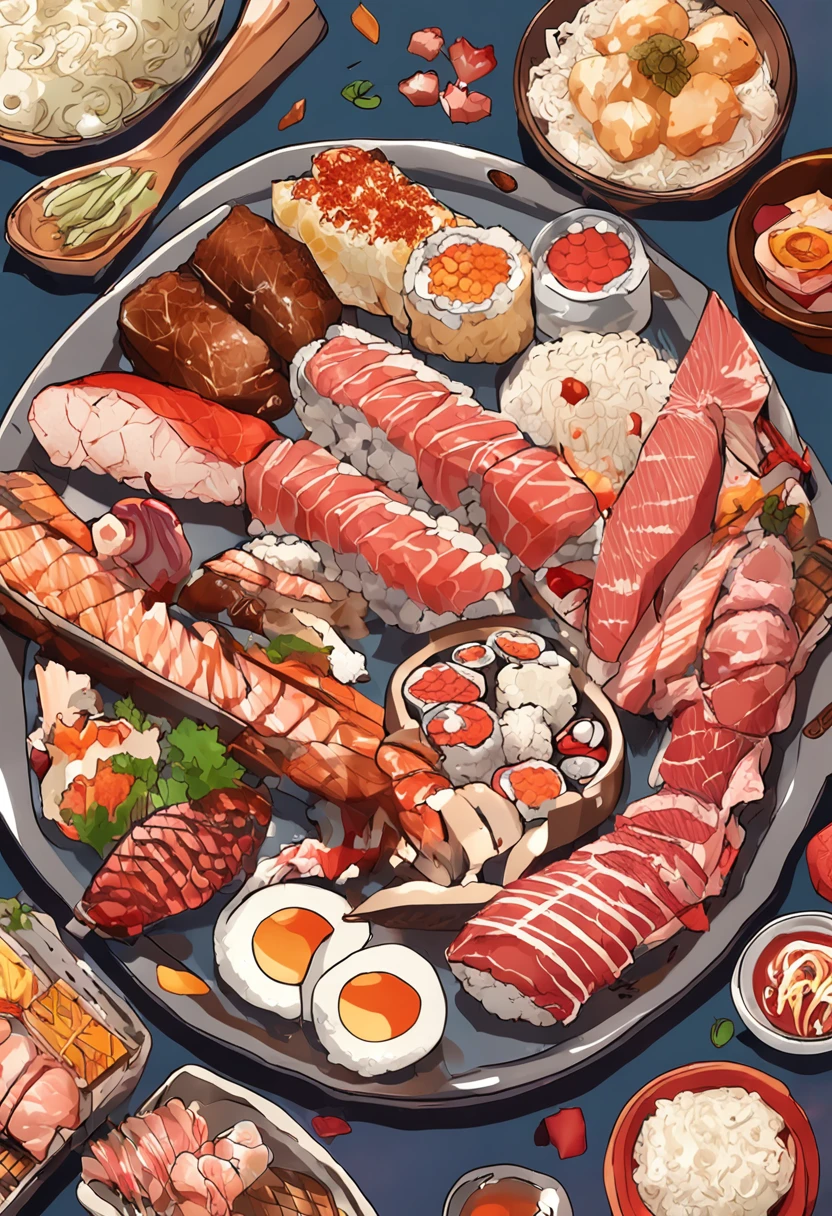 There was a plate of food,There is a lot of meat on it, ❤🔥🍄🌪, California Volume, Highly detailed!!, delicacy, eating sushi, taken in the early 2020s, photograph taken in 2 0 2 0, ultra - detailed!!, Highly detailed!!!, ultra - detailed!!!, The is very detailed, japanese fusion cuisine