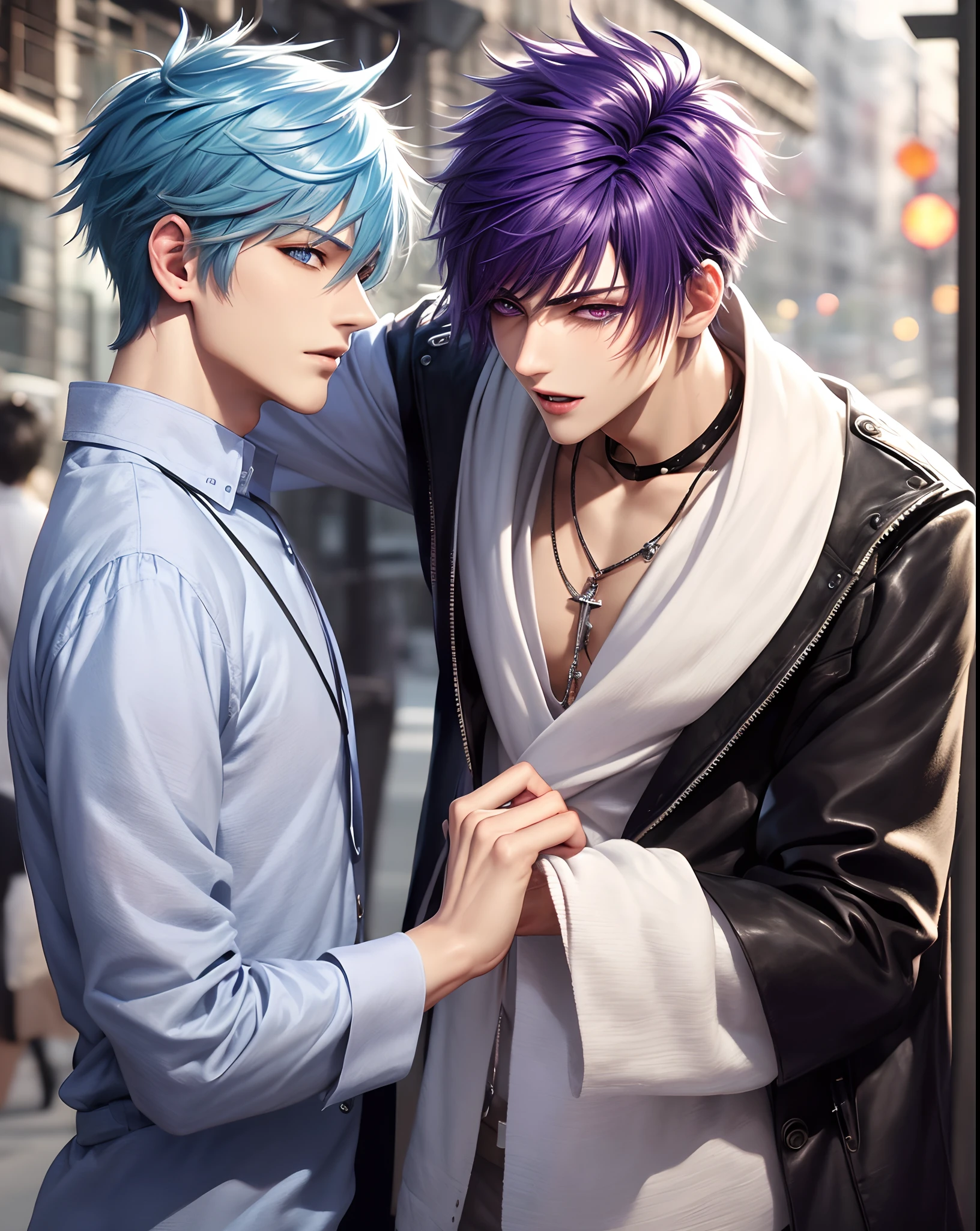 ​masterpiece, top-quality, 2Others, Male couple, 1 man and 1,, Adults, Height difference, different fashion, different color, finely eye and detailed face, intricate detailes, Casual clothing, Oversized shirt, Modern urban streets, A smile, Happiness, tenderness, queers, Boys Love, high-level image quality、 selfee, Two beautiful men、tall、The upper part of the body、nightfall、nighttime scene、𝓡𝓸𝓶𝓪𝓷𝓽𝓲𝓬、Korean Male, Idol Photos, k pop, Professional Photos, Vampires, Korean fashion in black and white, Fedoman with necklace, inspired by Sim Sa-jeong, androgynous vampire, :9 detailed face: 8, extra detailed face, detailed punk hair, ((eyes are brown)) baggy eyes, Seductive. Highly detailed, semi realistic anime, Vampires, hyperrealistic , delicate androgynous prince, imvu, short hair above the ears, Man with short hair, With a purple-haired man with a wild expression, Man with light blue hair with gentle expression, ((With a short-haired man with bright purple hair)), ((Man with light blue hair))