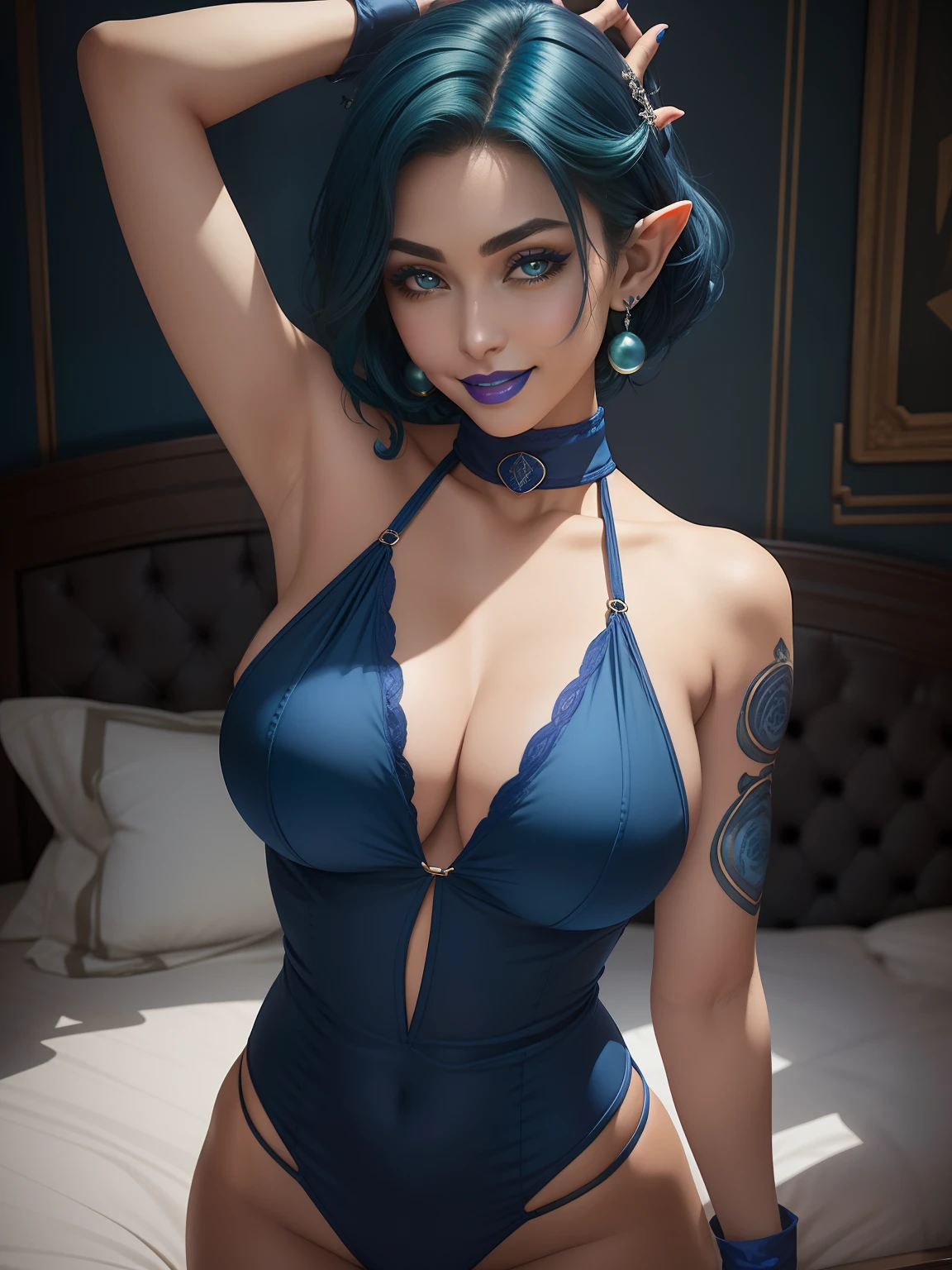 Blue indigo monokini、Dark green hair、shorth hair、brow、Blue Lipstick、elvish、Big breasts、A big smile、Blue collar、Blue Pearl Earrings、Pose Seductive、Blue fingerless gloves、Raise your arms、a bed