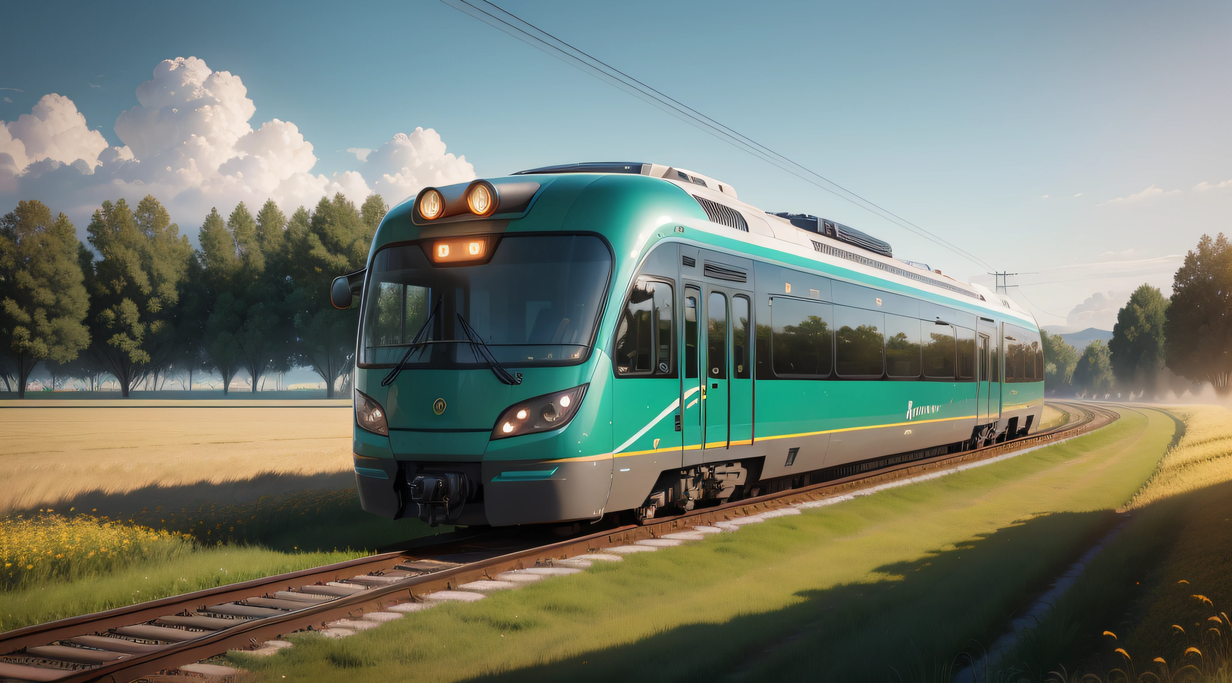 Suburban futuristic electric train exterior, field and river meadow background, digital photo, rendering, full size, correct shapes, realistic vision, very high detail, sharp focus, SLR camera shooting, 16k, Full HD