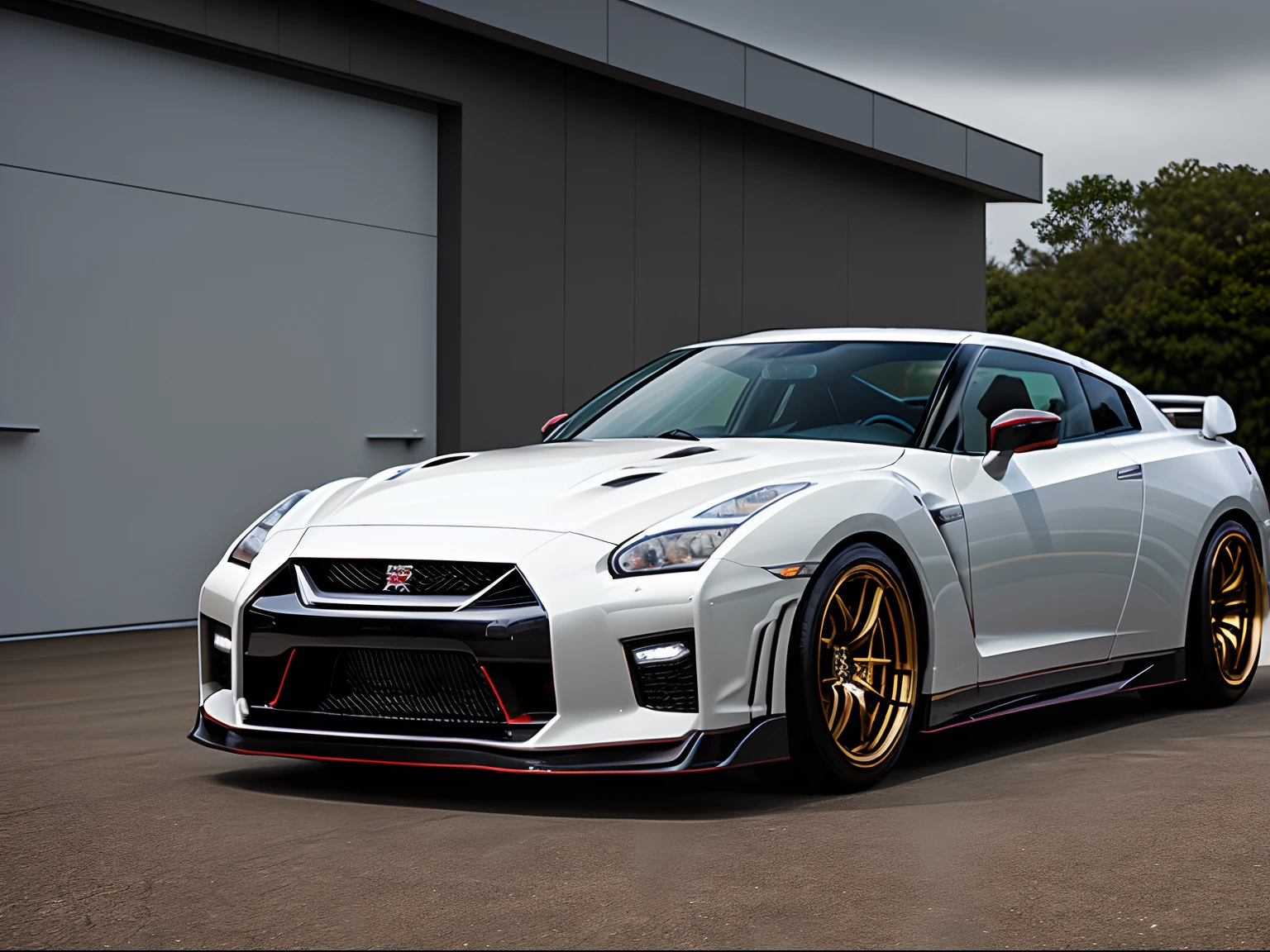 Masterpiece, realistic, hd, white color nissan gtr r-35, modified, nismo, hi performance, gold color wheels
