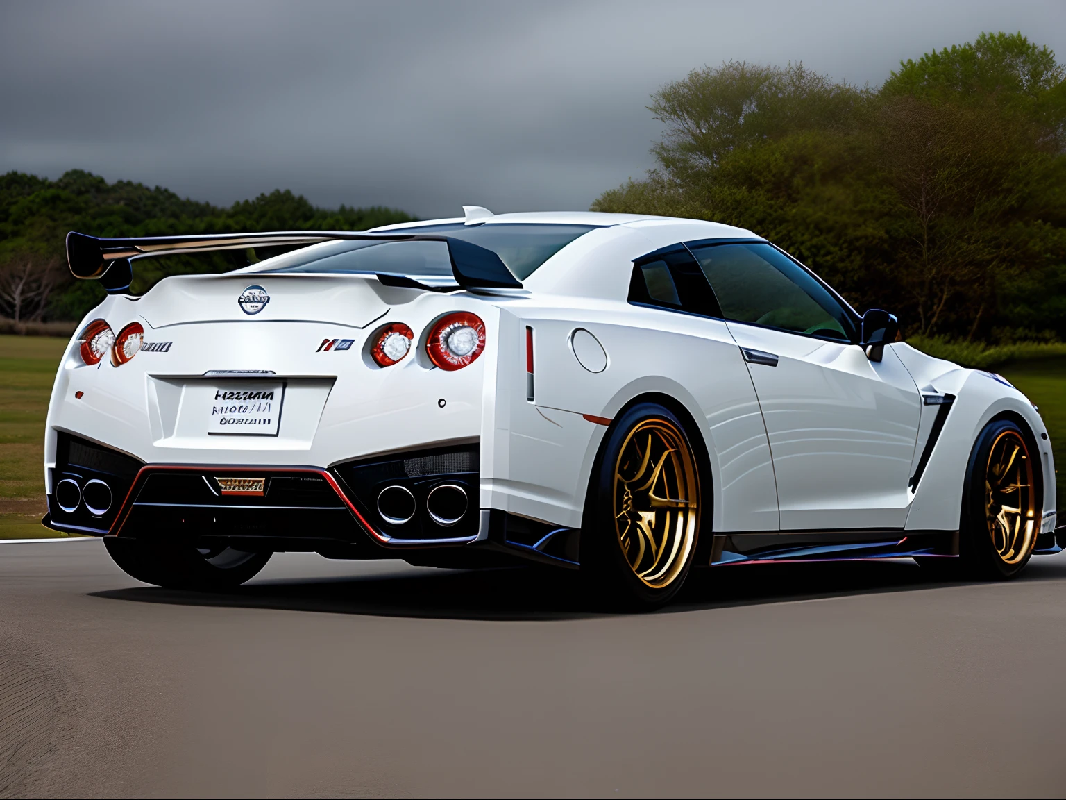 Masterpiece, realistic, hd, white color nissan gtr r-35, modified, nismo, hi performance, gold color wheels