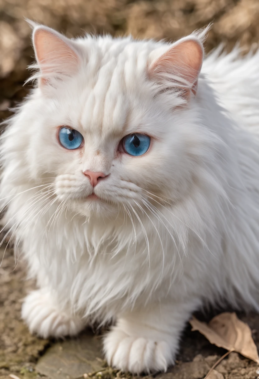 Puppet cat has fluffy fur, realistic and cute catching carp on the banks of rural rivers, blue eyes, white hair