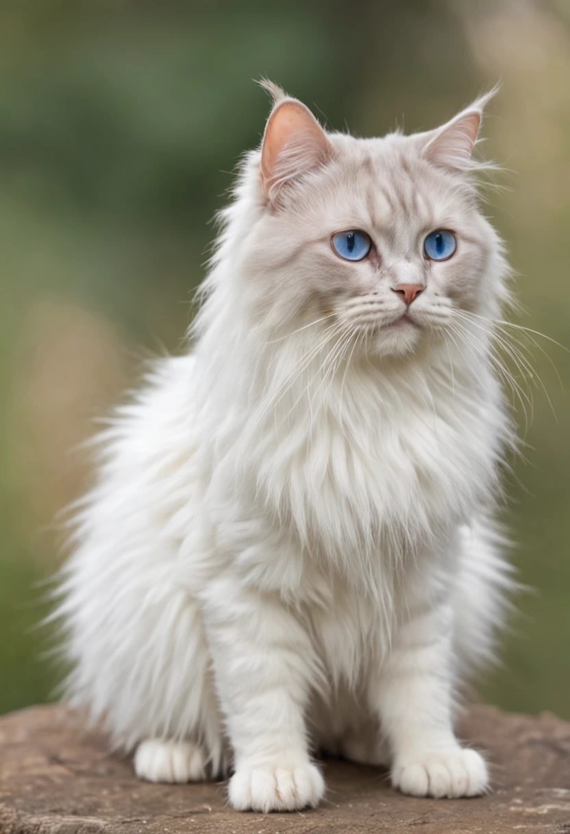 Puppet cat has fluffy fur, realistic and cute catching carp on the banks of rural rivers, blue eyes, white hair