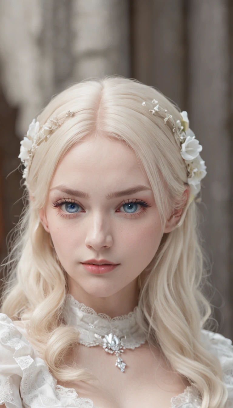 (masutepiece, Best Quality:1.2), 8K, 85 mm, Official art, a blond、Raw photo, absurderes, Platinum Blonde Hair, (Blue eyes, Lolita Fashion, sweetlolita, Gothic, Dress:1.2), Idol face, a closeup, Beautiful Girl, gardeniass, Copenhagen, Short sleeve, Elegance, Sophisticated, gardenia, Looking at Viewer, Film grain, chromatic abberation, Sharp Focus, face lights, Dynamic lighting, Cinematic lighting, Detailed face, Inside the classroom