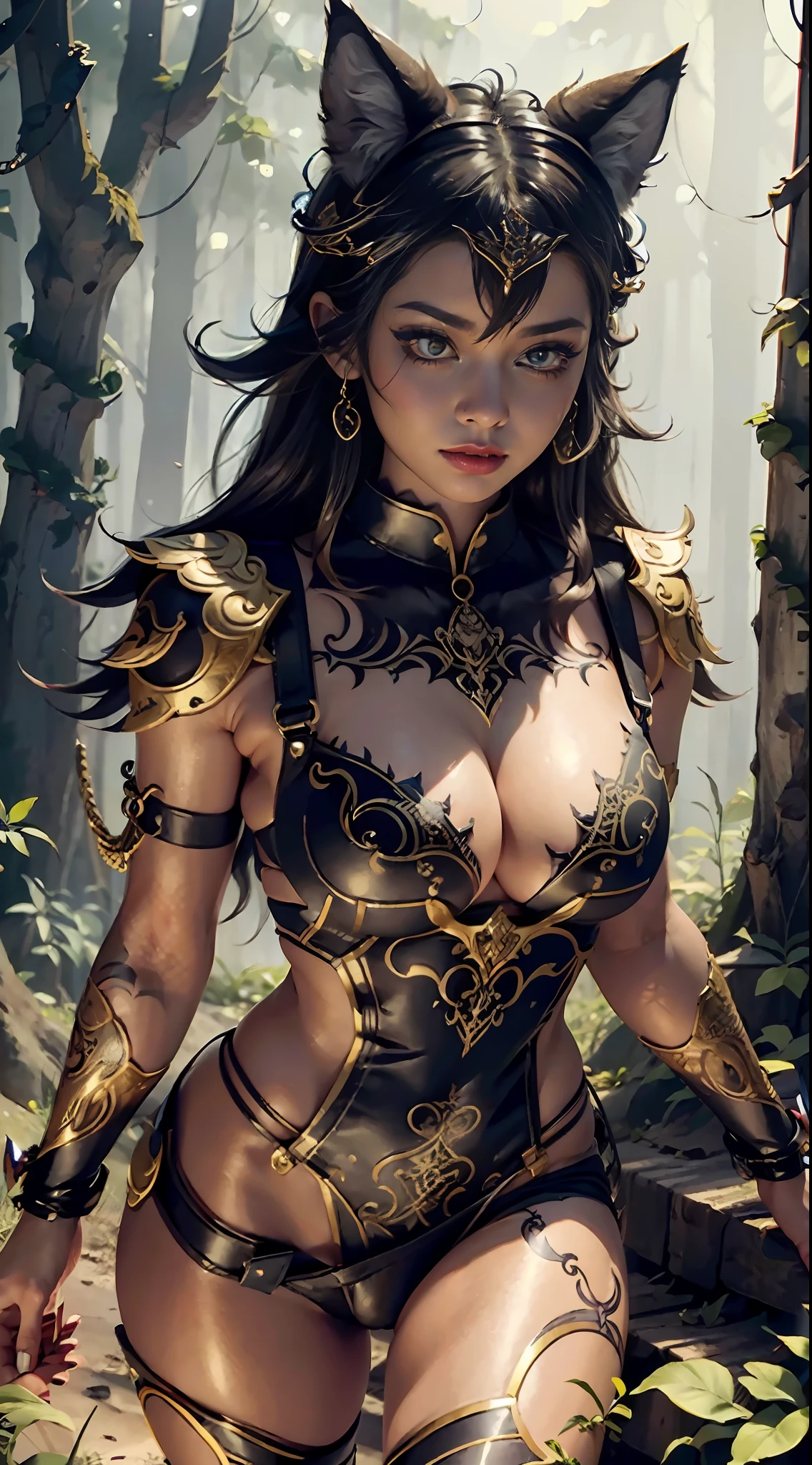(masterpiece), top quality, expressive eyes, perfect face, delicate skin, tribal tattoo, wolf girl, wolf ears, punk style, super plump boobs, tight mesh overalls, tight gold and red gradient armor, 8k_wallpaper, eye detail, body detail  , finger detail, ( digital artwork), (manga illustration detail), (line art detail), ((perfect)) anatomy, best hand)), (fine detail:1.3 ), (high detail:1,3) ,  (illustration:1 , 3 ), (sharp focus:1,3), (natural light:1,05), (light color:1,3), wild forest background,