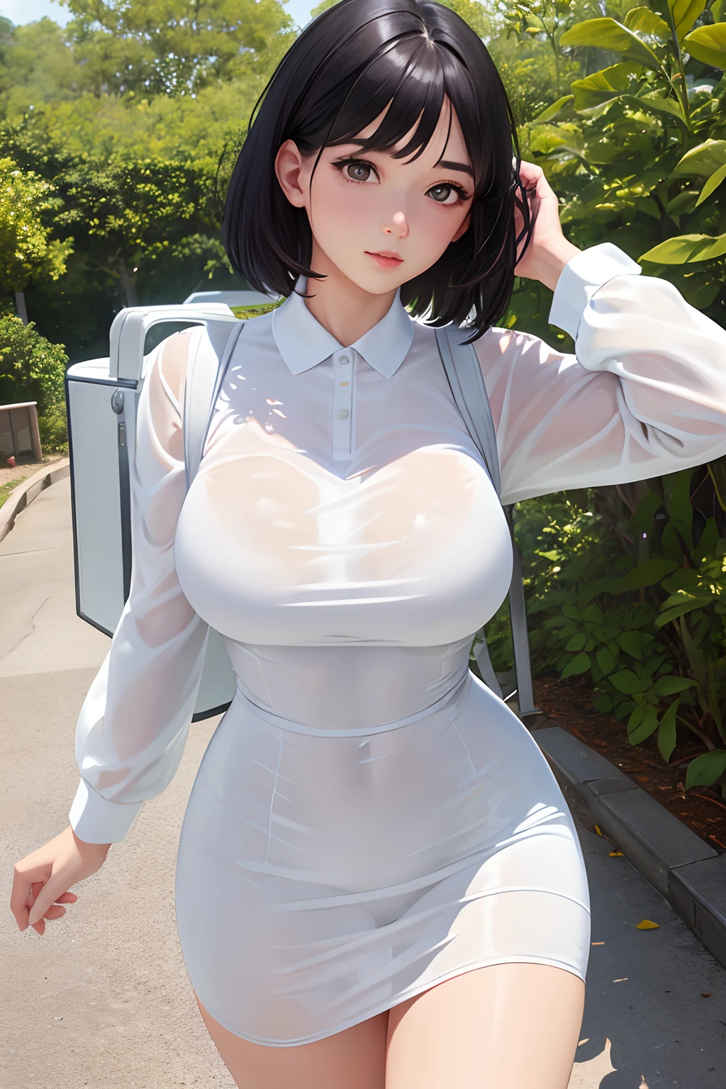 1girl, solo, white polo shirt, white sneakers, transparent cheongsam clothes, see through, masterpiece, best quality, realistic, super detailed, (shiny skin, sweat 2.2) , goofy goofy, looking at viewer, short black hair, brown eyes, thin, dynamic light, high resolution, sharp focus, depth of field, detailed eyes, sharp pupils, pupils honest, (big bust 1.2), (thigh thickness:1.0), outdoor, sky