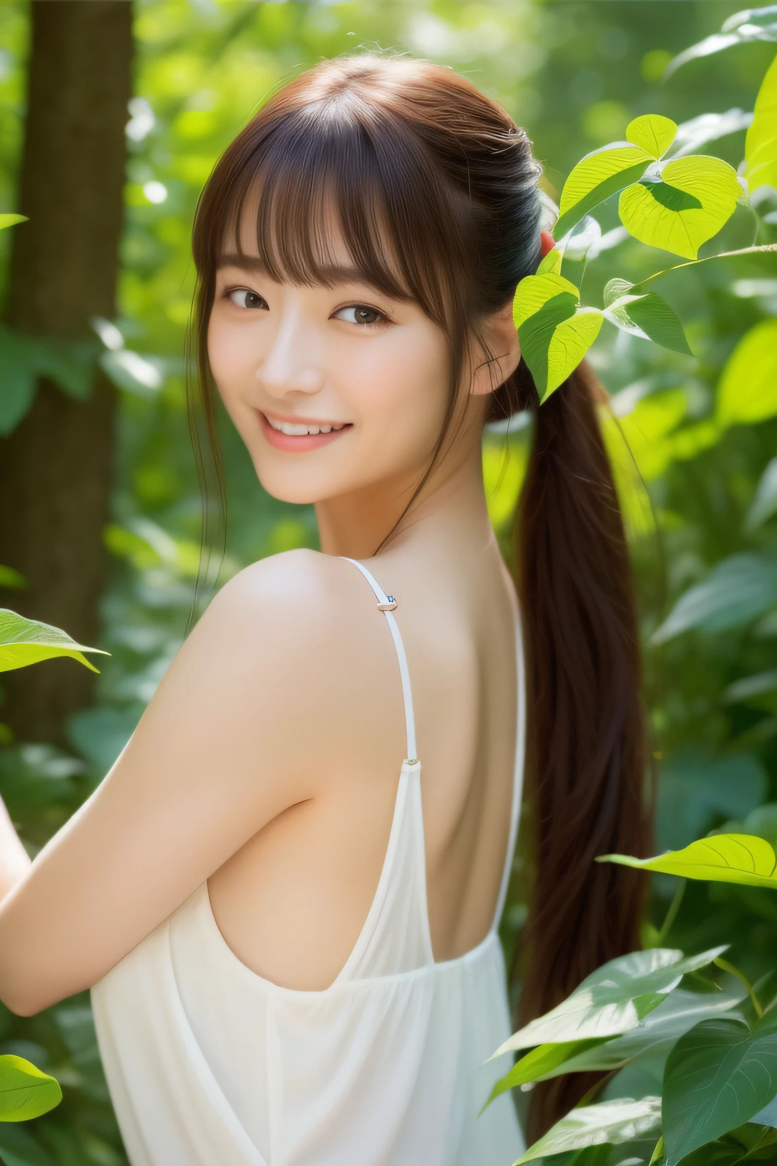 ((top-quality、8K、masterpiece:1.3))、foco nítido:1.2、Beautiful Women in Perfect Style:1.4、Slender Abs:1.2、((dark brown hair、Colossal tits:1.2))、(natural soft light、the woods:1.1)、Highly detailed facial and skin texture、A detailed eye、二重まぶた、Ponytail、Close your eyes、Hold your hand over、A slight smil、The presence of butterflies on the shoulders、