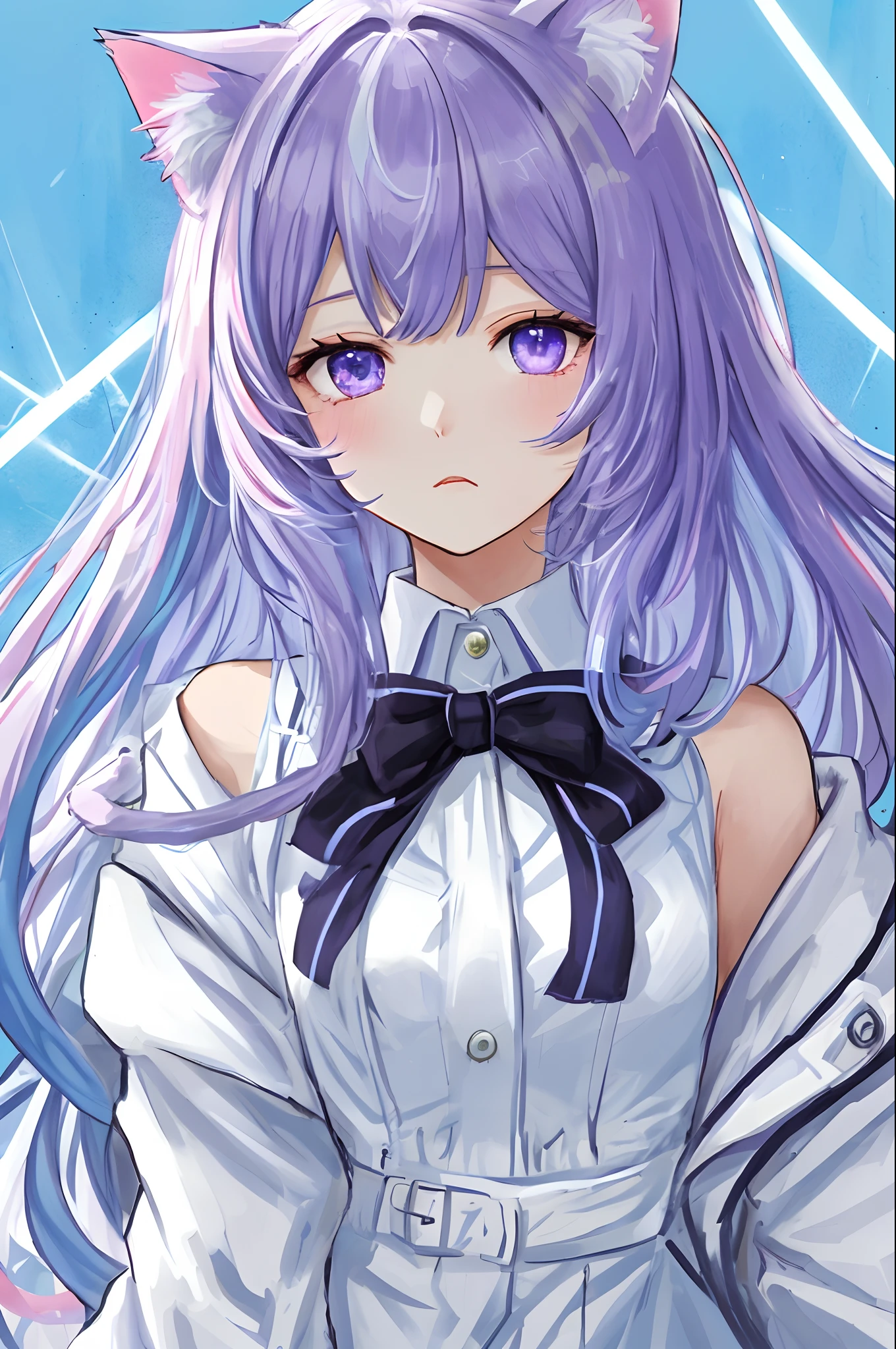 whaite hair，Cat ears with blue inside and white outside，Light blue with purple eyes，White shirt with black band and blue trim on top，Wear a white coat，Pink flesh-colored shoulders，The white shirt has a long light blue bow on it，2D Cat Girl Girl