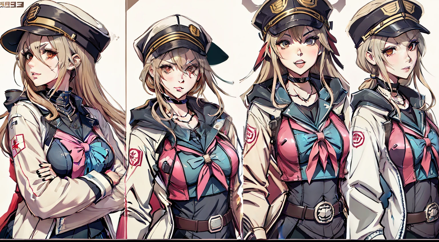 Three different photographs of a woman wearing a hat and jacket, Kantai collection style, girls frontline style, Character artwork, from girls frontline, by Kamagurka, Official artwork, character profile art, kancolle, Pixiv style, Fine details. Girl front, Anime character art, Detailed fanart, kantai collection arcade, Girl front，Pubic area is clear，arknight