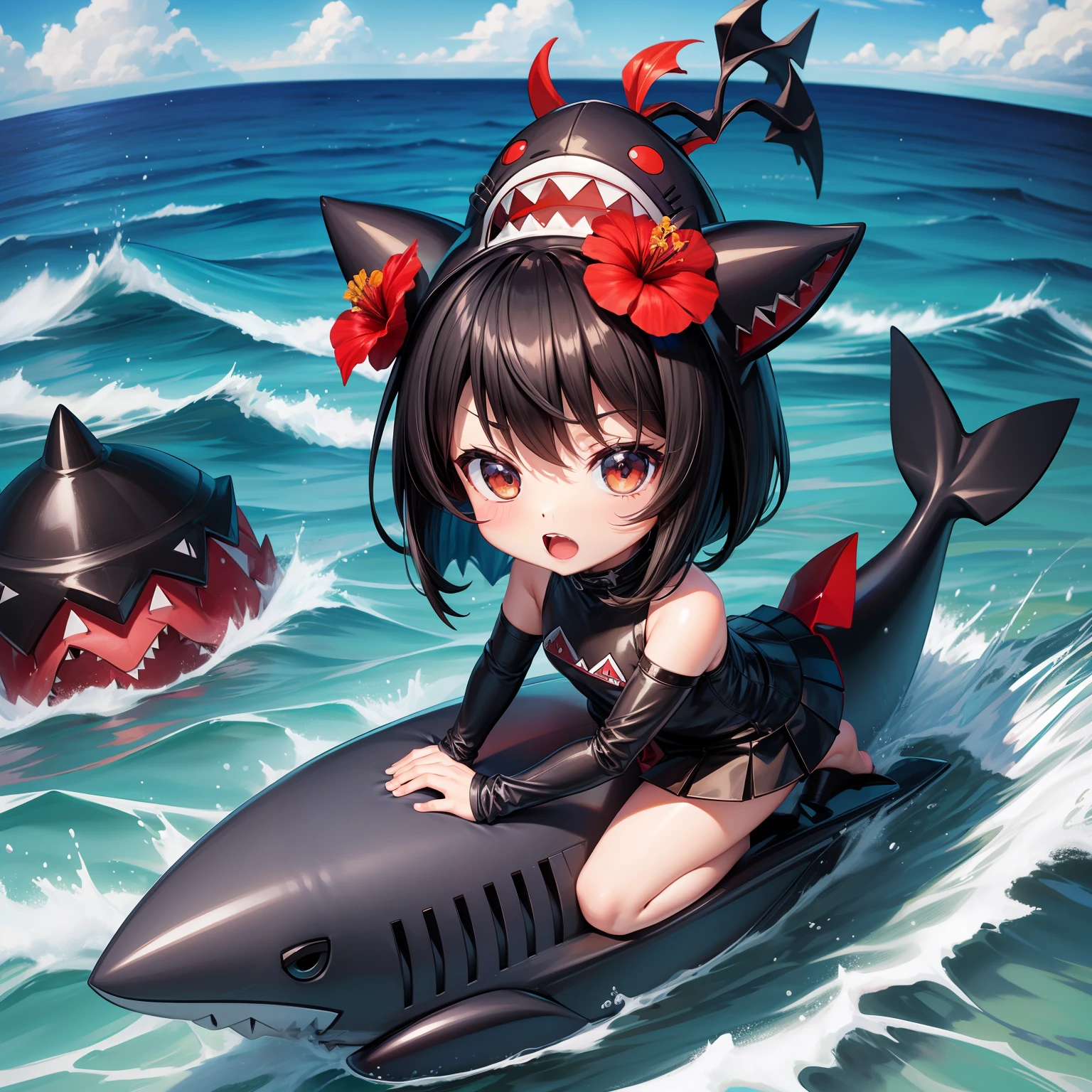 Full body view，masterpiece，high resolution，Anime Art，Anime Numbers， 4k anime wallpaper，Soft Light，Radiant Skin，Looking at the camera，Solitary，An anime girl，Lying down，Black short hair，Striped hair，a mole under red eyes，Black one-piece swimsuit，Black shark tail，seabed，Coral Reef