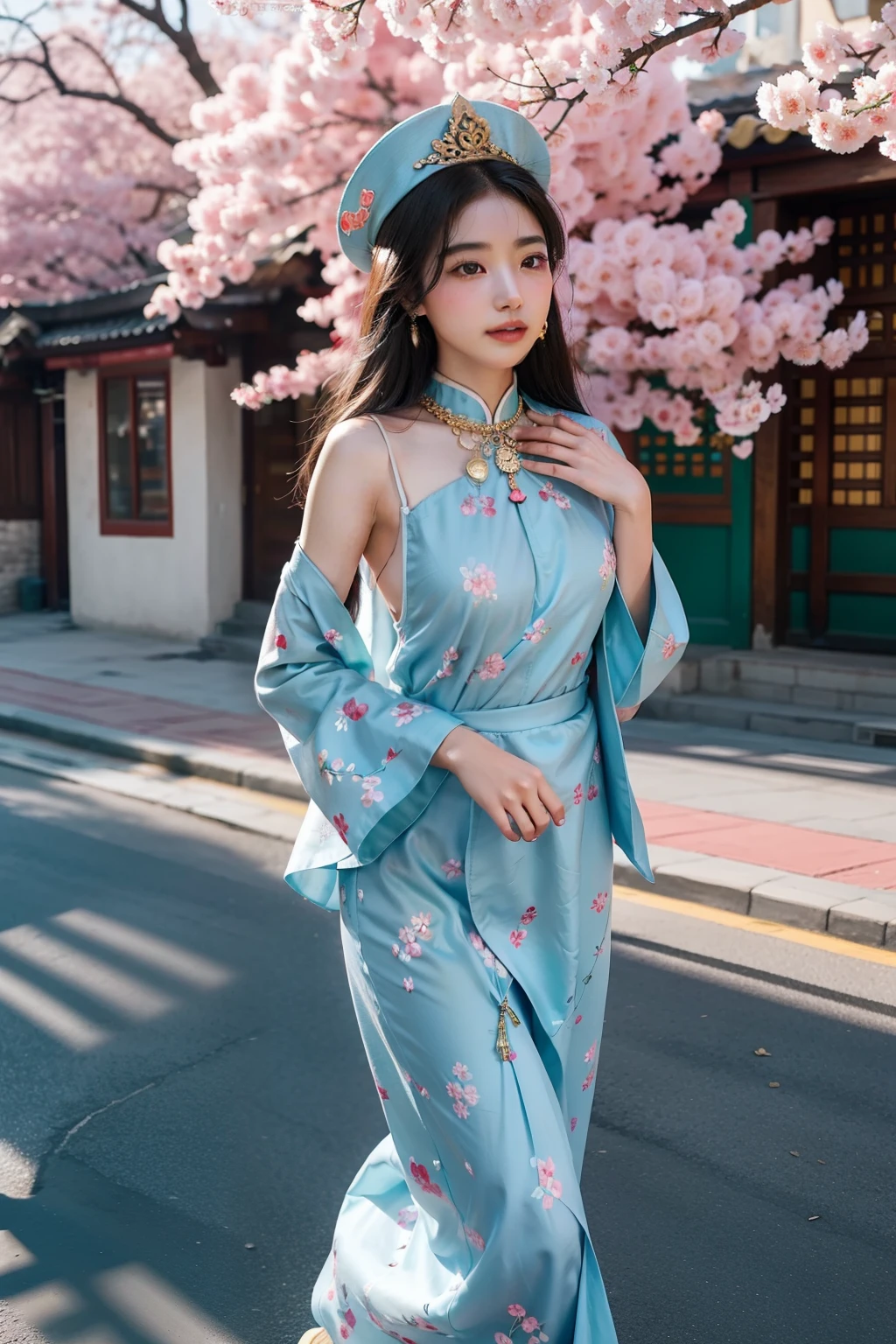 Tibetan beauties walking in the streets，She wears elegant and gorgeous traditional Tibetan clothing。Her appearance exudes a unique charm，Fair and delicate skin，It is as if moisturized by the warmth of the highland sun。Gao detailed, her eyes were dark and deep，It's like a clear lake，Reveals wisdom and mystery。The slender eyebrows rose slightly，Showcasing her confident and independent personality。Her lips were pink and full，It's like cherry blossoms in full bloom，Her sweet smile appears when slightly raised。High detail, her face lines are soft and three-dimensional，Highly detailed hands，One can't help but want to draw a picture for her。Clothing details，She wears a short-sleeved chuba in traditional Tibetan clothing，The main colors are red and green，Beautifully hand-embroidered，Bloom with a strong national custom。She wears a magnificent damask national treasure shawl over her shoulders，The dense pattern shines with gold and silver light。In terms of accessories，She wears a delicate Tibetan hat，The hat is set with precious gemstones and jewelry，Shine brightly。She walks the streets confidently and gracefully，Every step is full of power and rhythm。Her dress shows her love and respect for traditional culture，At the same time, it shows her unique personal style。Whether it's clothing details or makeup，All highlight her unique charm as a Tibetan beauty。