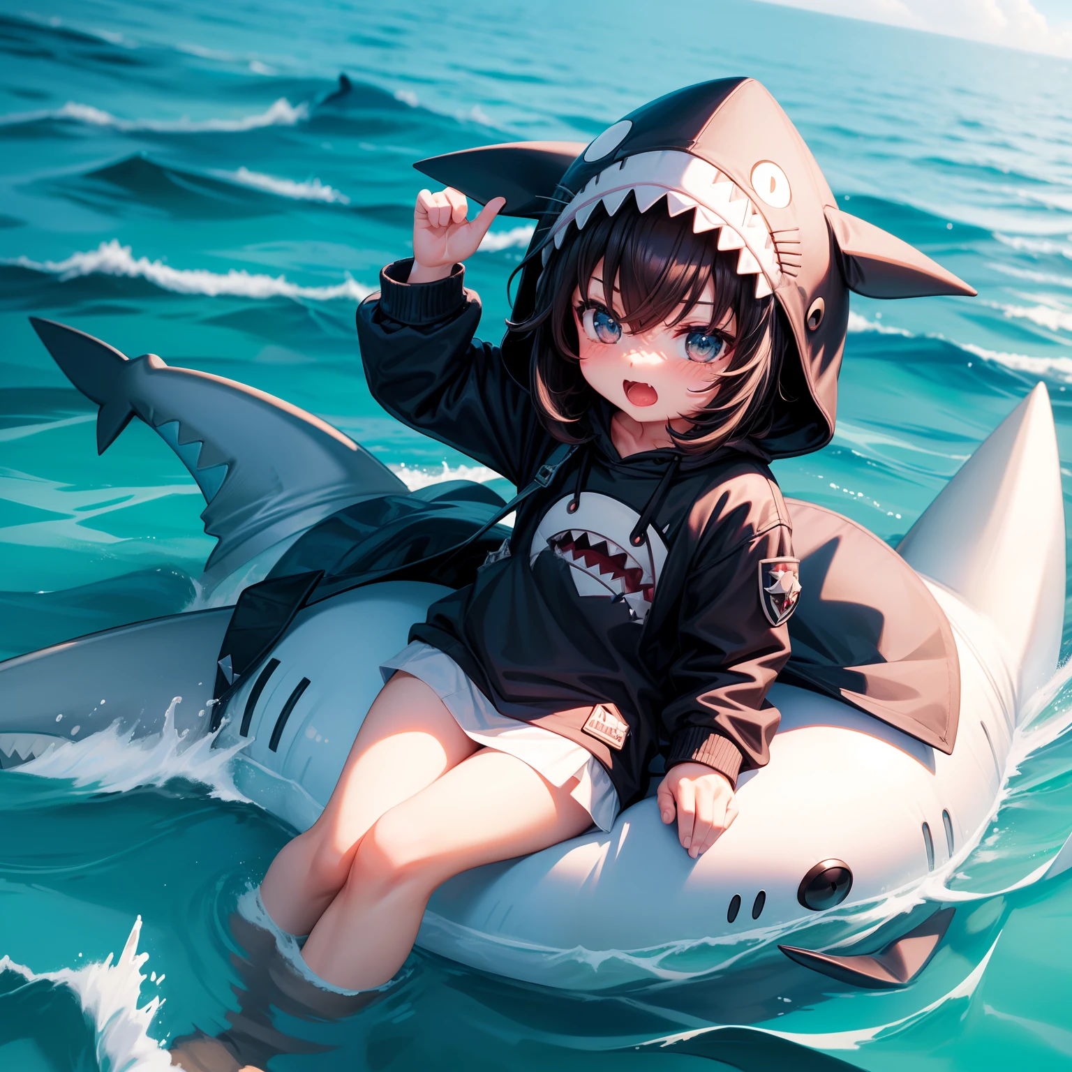 hightquality,Masterpiece, Chibi, nendoroid, Mega Mini, Shark hat, Shark hats have no ears, Hats don't have ears, Shark tail, Shark costume, A dark-haired, Hairstyle Bob, Metal,  Riding a shark, hibiscus, full bodyesbian,