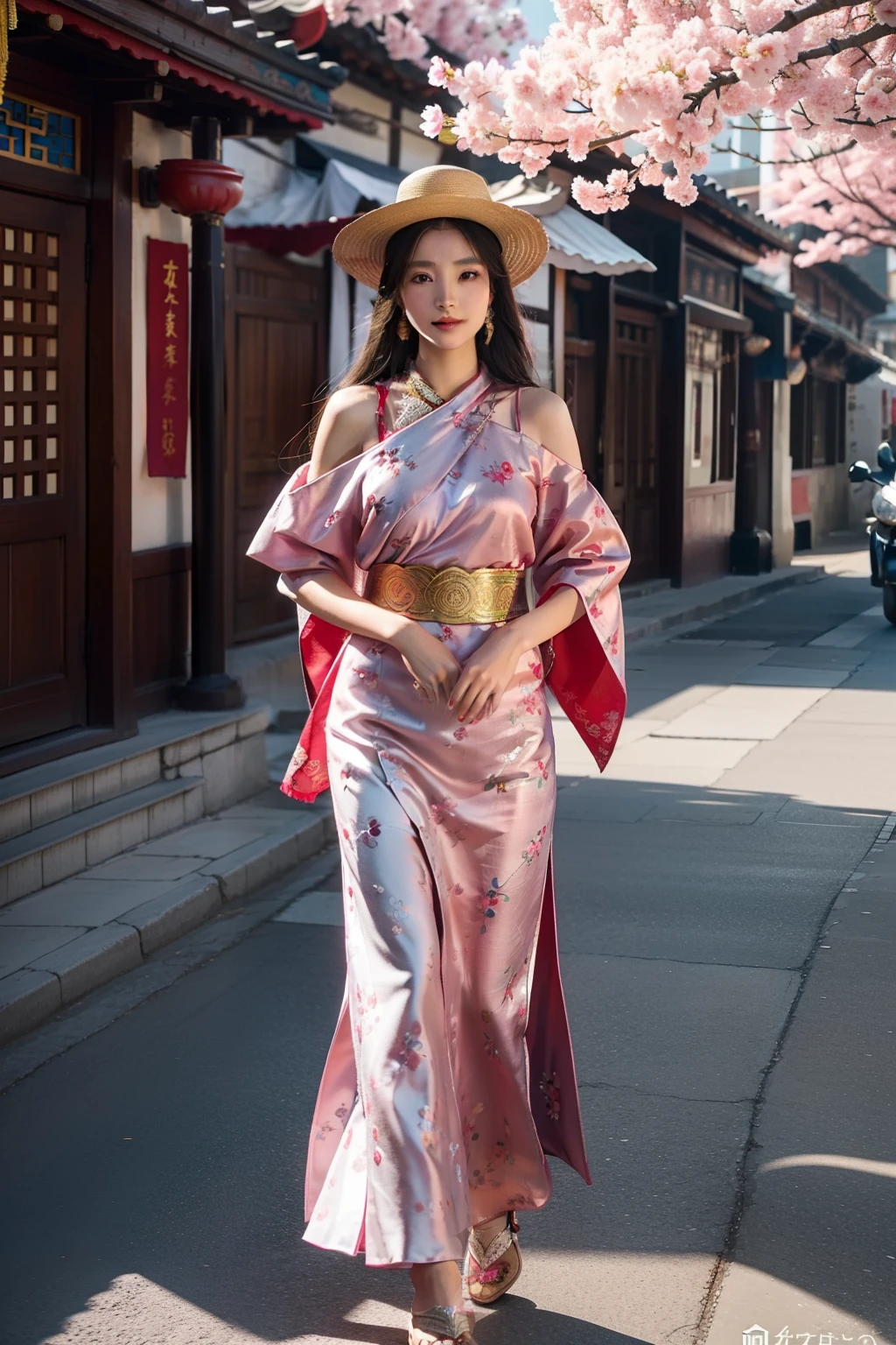 Tibetan beauties walking in the streets，She wears elegant and gorgeous traditional Tibetan clothing。Her appearance exudes a unique charm，Fair and delicate skin，It is as if moisturized by the warmth of the highland sun。Gao detailed, her eyes were dark and deep，It's like a clear lake，Reveals wisdom and mystery。The slender eyebrows rose slightly，Showcasing her confident and independent personality。Her lips were pink and full，It's like cherry blossoms in full bloom，Her sweet smile appears when slightly raised。High detail, her face lines are soft and three-dimensional，Highly detailed hands，One can't help but want to draw a picture for her。Clothing details，She wears a short-sleeved chuba in traditional Tibetan clothing，The main colors are red and green，Beautifully hand-embroidered，Bloom with a strong national custom。She wears a magnificent damask national treasure shawl over her shoulders，The dense pattern shines with gold and silver light。In terms of accessories，She wears a delicate Tibetan hat，The hat is set with precious gemstones and jewelry，Shine brightly。She walks the streets confidently and gracefully，Every step is full of power and rhythm。Her dress shows her love and respect for traditional culture，At the same time, it shows her unique personal style。Whether it's clothing details or makeup，All highlight her unique charm as a Tibetan beauty。