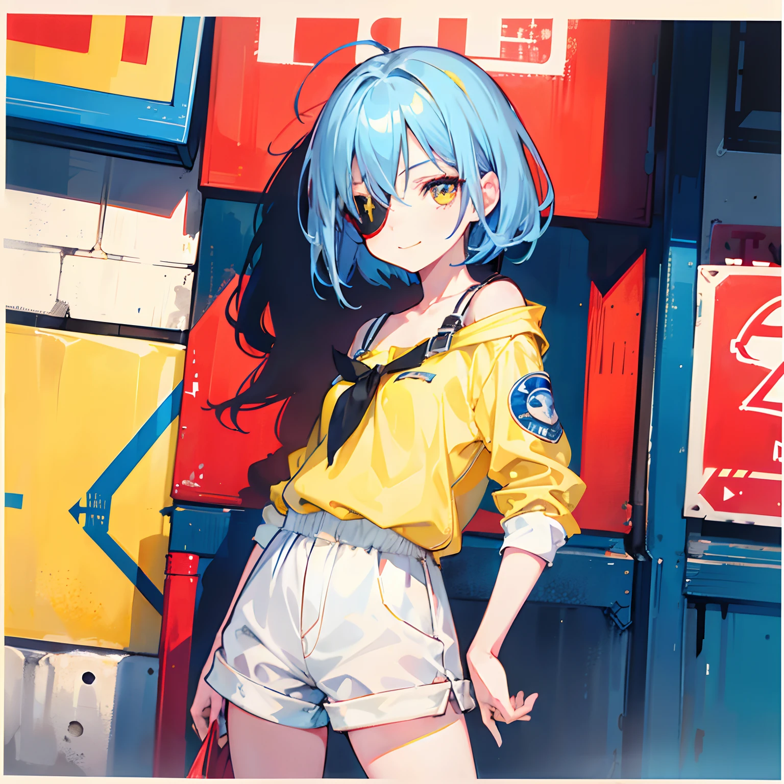 Best quality, highest resolution, 1 girl, solo,  girl, small breasts, perfect anatomy, well drawn hands and arms, whole picture, Short blue hair, yellow eyes with red iris, eye-patch, smiling joyfully, cute white and red casual clothes, city streets