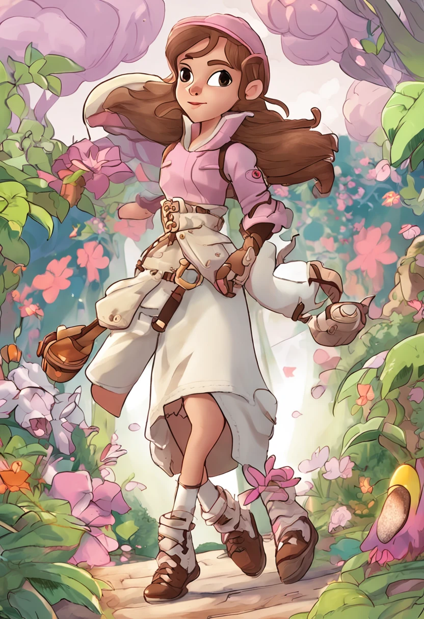 Nome: Anna
Description:
Anna is an adorable six-year-old girl with white skin and curly brown hair. She is a fearless adventurer and is always ready to explore new places and discover exciting things.
Traje:
Anna usa um conjunto de roupa de aventureira composto por uma camisa rosa de manga curta com detalhes de bolinhas roxas, combined with a brown pants and medium barrel boots. She also wears a brown explorer's hat with a pink ribbon tied around it, que complementa perfeitamente o seu visual aventureiro.
Fundo:
Para destacar a personagem, The background of the image is completely white, suggesting a neutral environment and allowing Anna to be the center of attention. This also gives a sense of freedom and openness, representing his adventurous spirit.