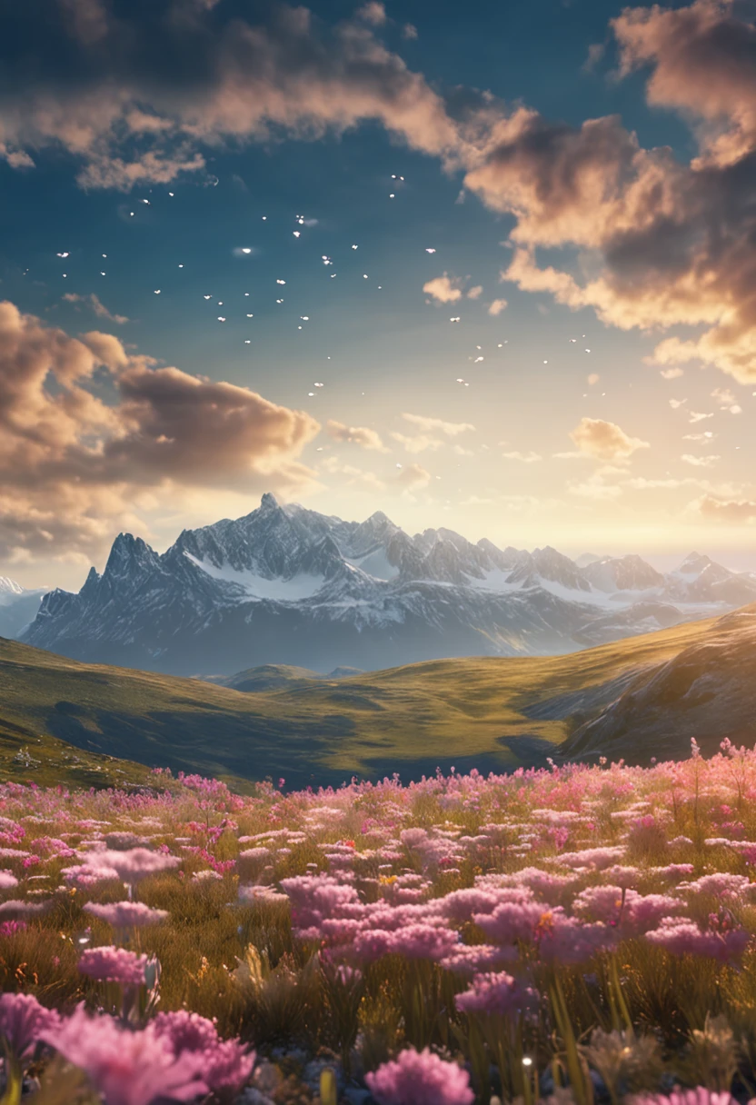 Summer, meadows, a few small flowers, clear lakes, sheep, heaven, large clouds, blue sky, hot weather, HD detail, hyper-detail, cinematic, surrealism, soft light, deep field focus bokeh, distant vistas are snowy mountains, ray tracing, and surrealism. --v6