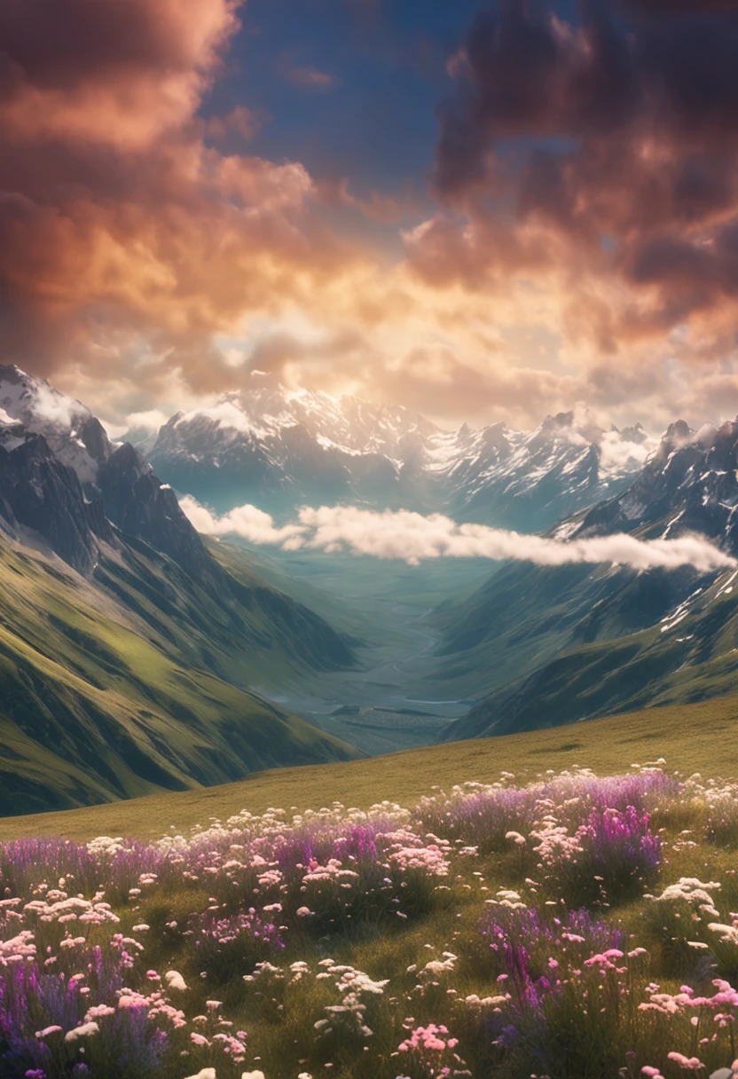 Summer, meadows, a few small flowers, clear lakes, sheep, heaven, large clouds, blue sky, hot weather, HD detail, hyper-detail, cinematic, surrealism, soft light, deep field focus bokeh, distant vistas are snowy mountains, ray tracing, and surrealism. --v6